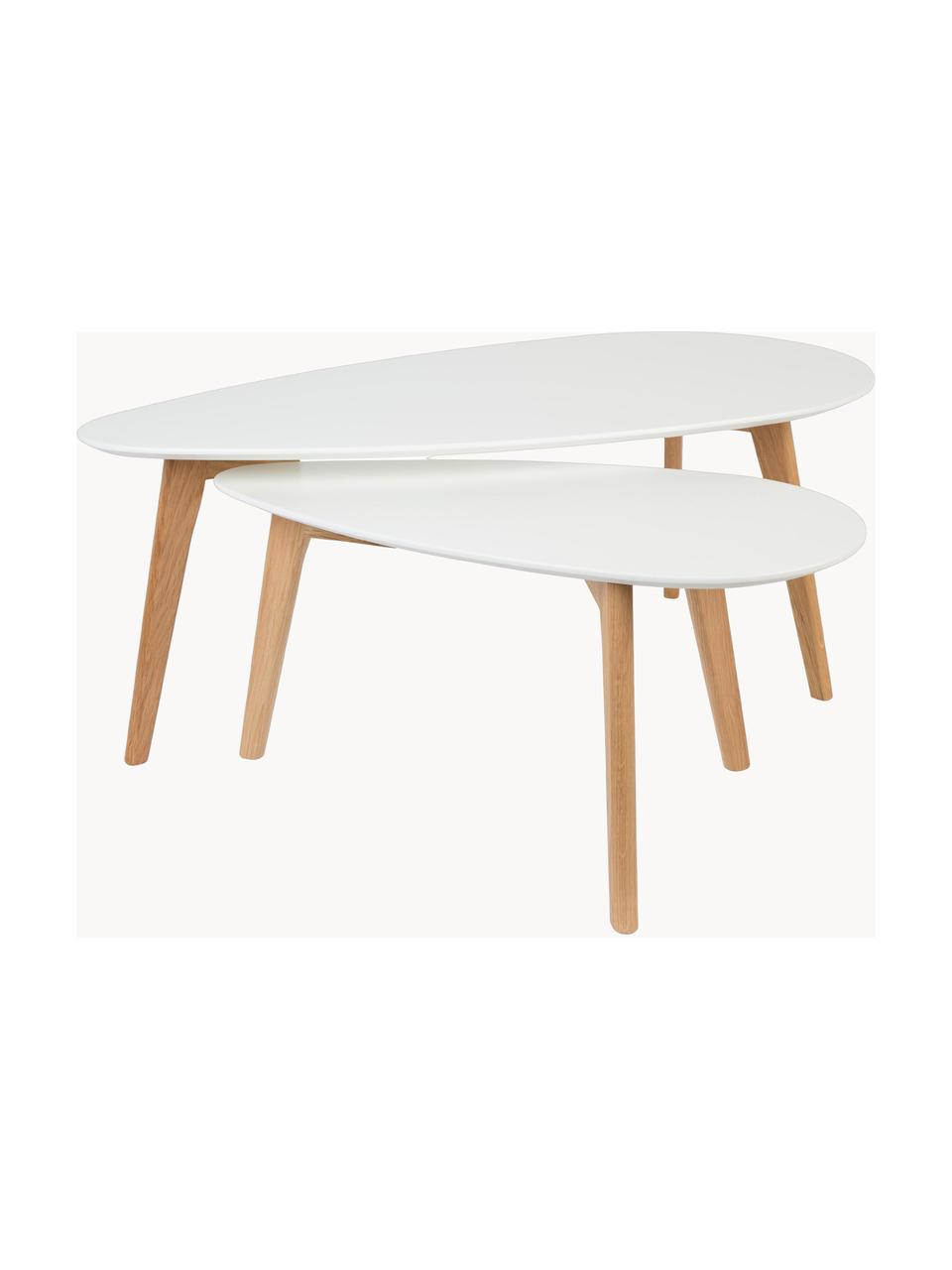 Set 2 tavolini da salotto ovali stile scandi Nordic, Ripiani: pannello di fibra a media, Gambe: legno di quercia massicci, Bianco, legno di quercia, Set in varie misure