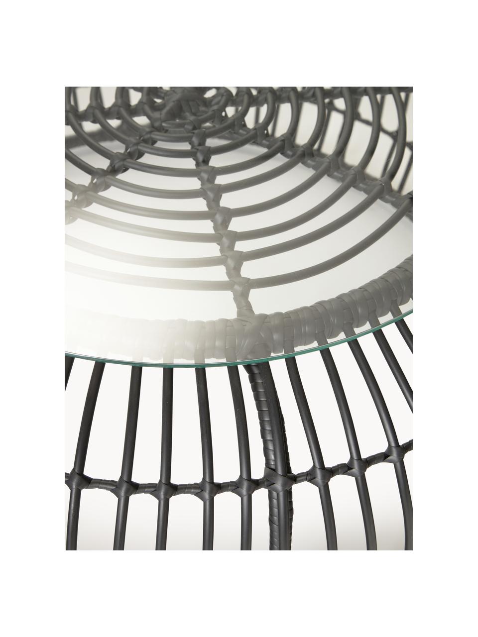Mesa de centro redonda Costa, con tablero de vidrio, Tablero: vidrio, Estructura: trenzado de polietireno, Negro, Ø 85 x Al 42 cm