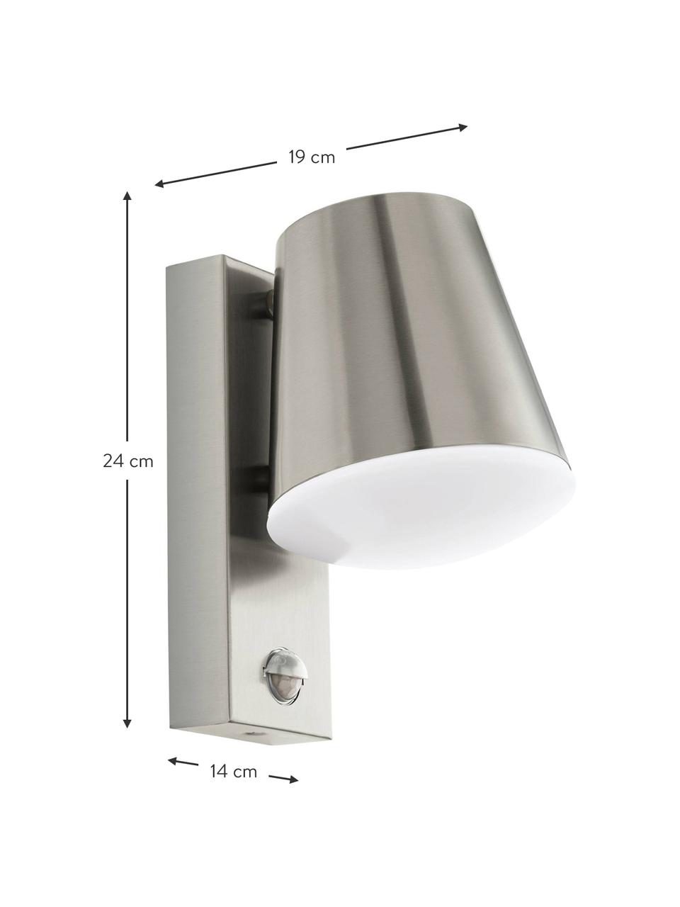 Outdoor wandlamp Caldiero met bewegingssensor, Lampenkap: edelstaal, Diffuser: kunststof, Edelstaalkleurig, B 14 x H 24 cm