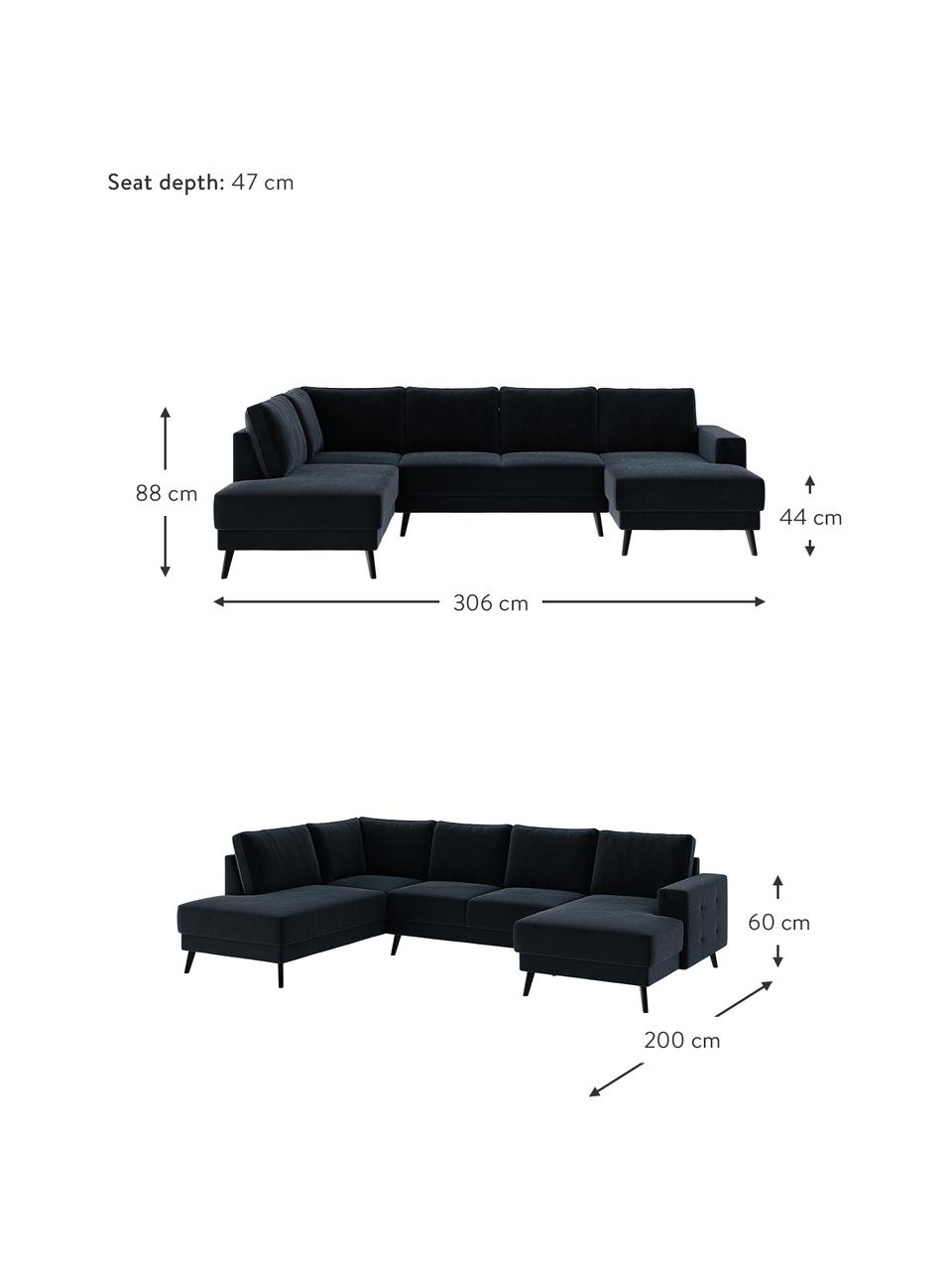 Divano angolare in velluto blu scuro Fynn, Rivestimento: 100% velluto di poliester, Struttura: legno duro, legno tenero,, Piedini: legno verniciato Il rives, Blu scuro, Larg. 306 x Prof. 200 cm