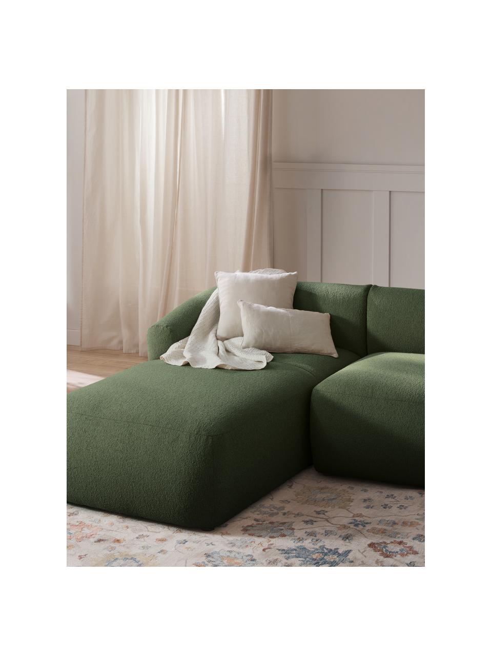 Modulo angolare in tessuto bouclé Sofia, Rivestimento: bouclé (100% poliestere) , Struttura: legno di abete rosso, tru, Piedini: plastica Questo prodotto , Bouclé verde scuro, Larg. 185 x Prof. 92 cm, chaise longue a sinistra