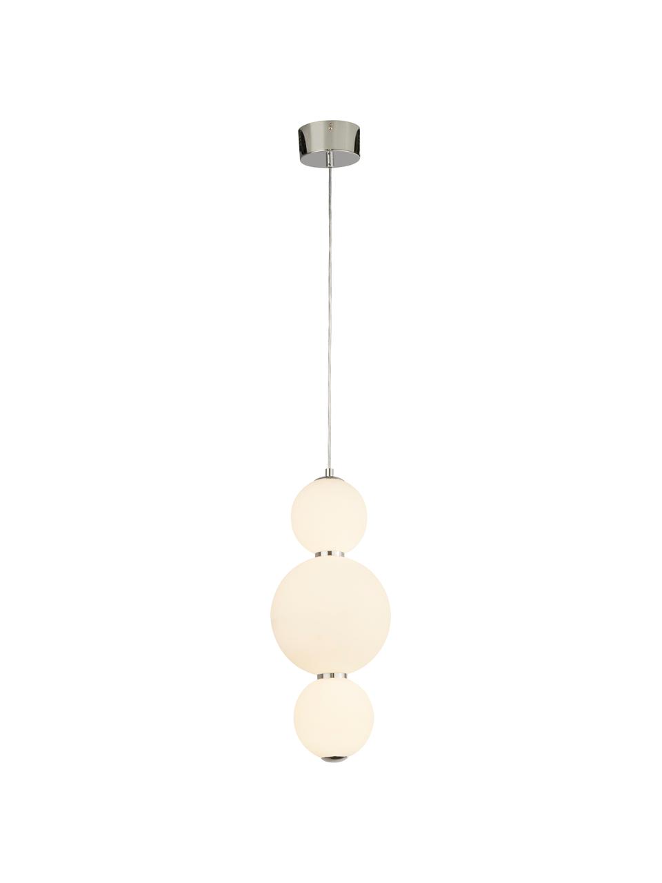 Kleine LED hanglamp Snowball van glas, Lampenkap: opaalglas, Frame: verchroomd metaal, Baldakijn: verchroomd metaal, Opaalwit, chroomkleurig, Ø 18 x H 43 cm