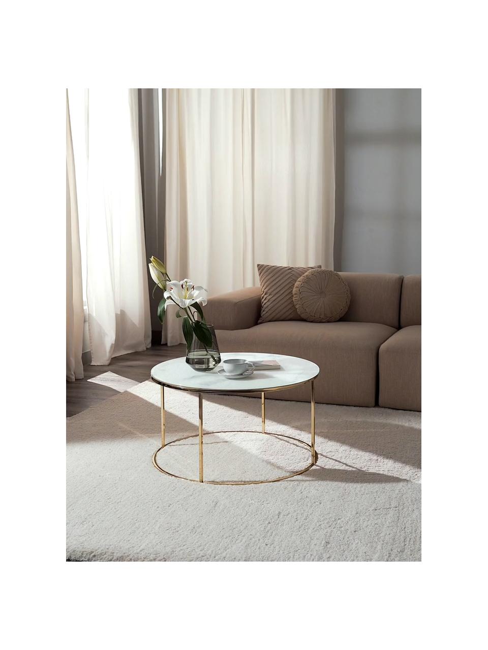 Mesa de centro Antigua, tablero de vidrio en aspecto mármol, Tablero: vidrio estampado con aspe, Estructura: metal, latón, Aspecto mármol blanco, dorado, Ø 80 cm