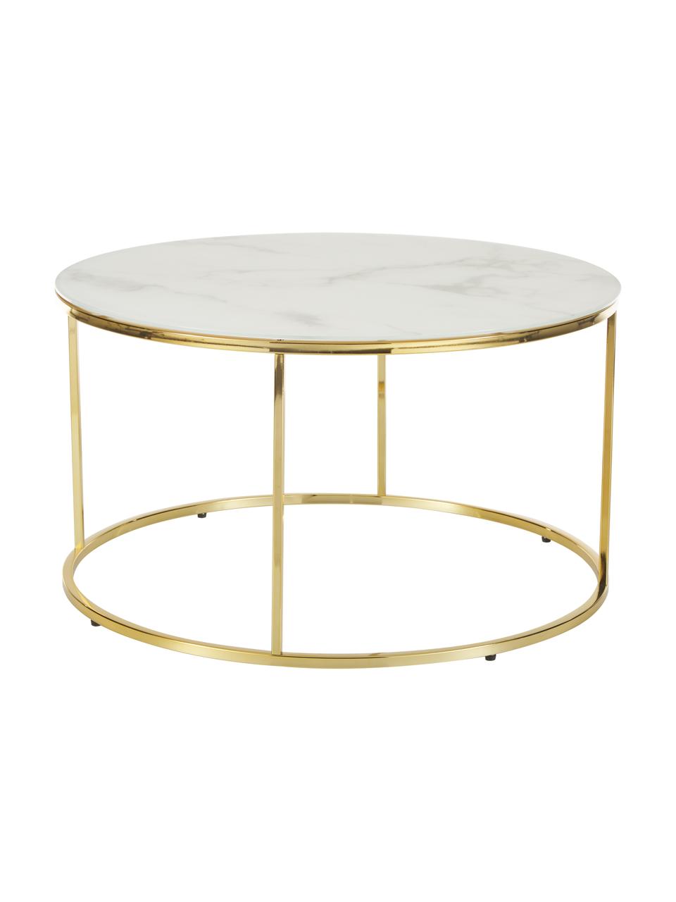 Mesa de centro Antigua, tablero de vidrio en aspecto mármol, Tablero: vidrio estampado con aspe, Estructura: metal, latón, Aspecto mármol blanco, dorado, Ø 80 cm