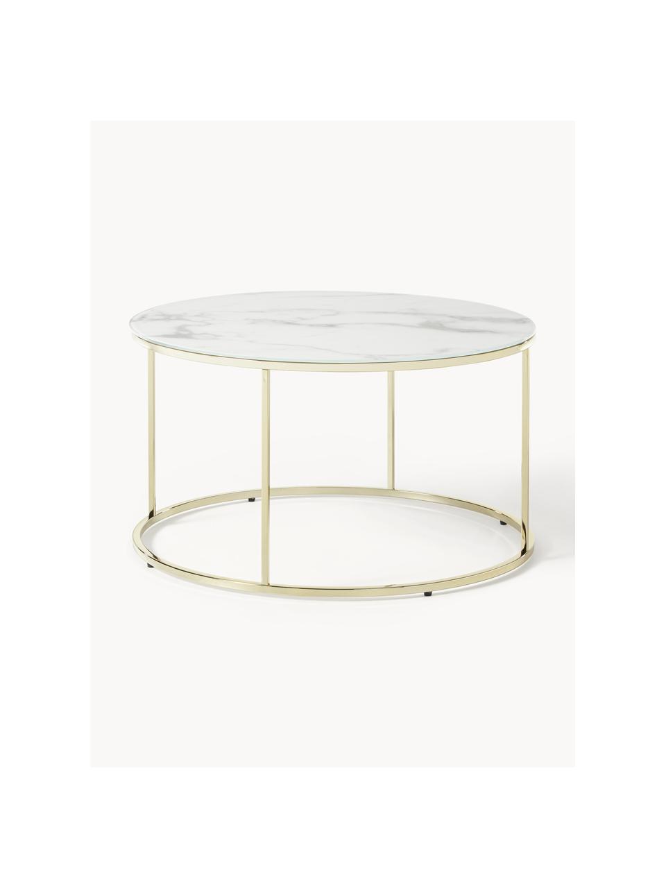 Kulatý konferenční stolek se skleněnou deskou v mramorovém vzhledu Antigua, Bílá v mramorovém vzhledu, lesklá zlatá, Ø 80 cm