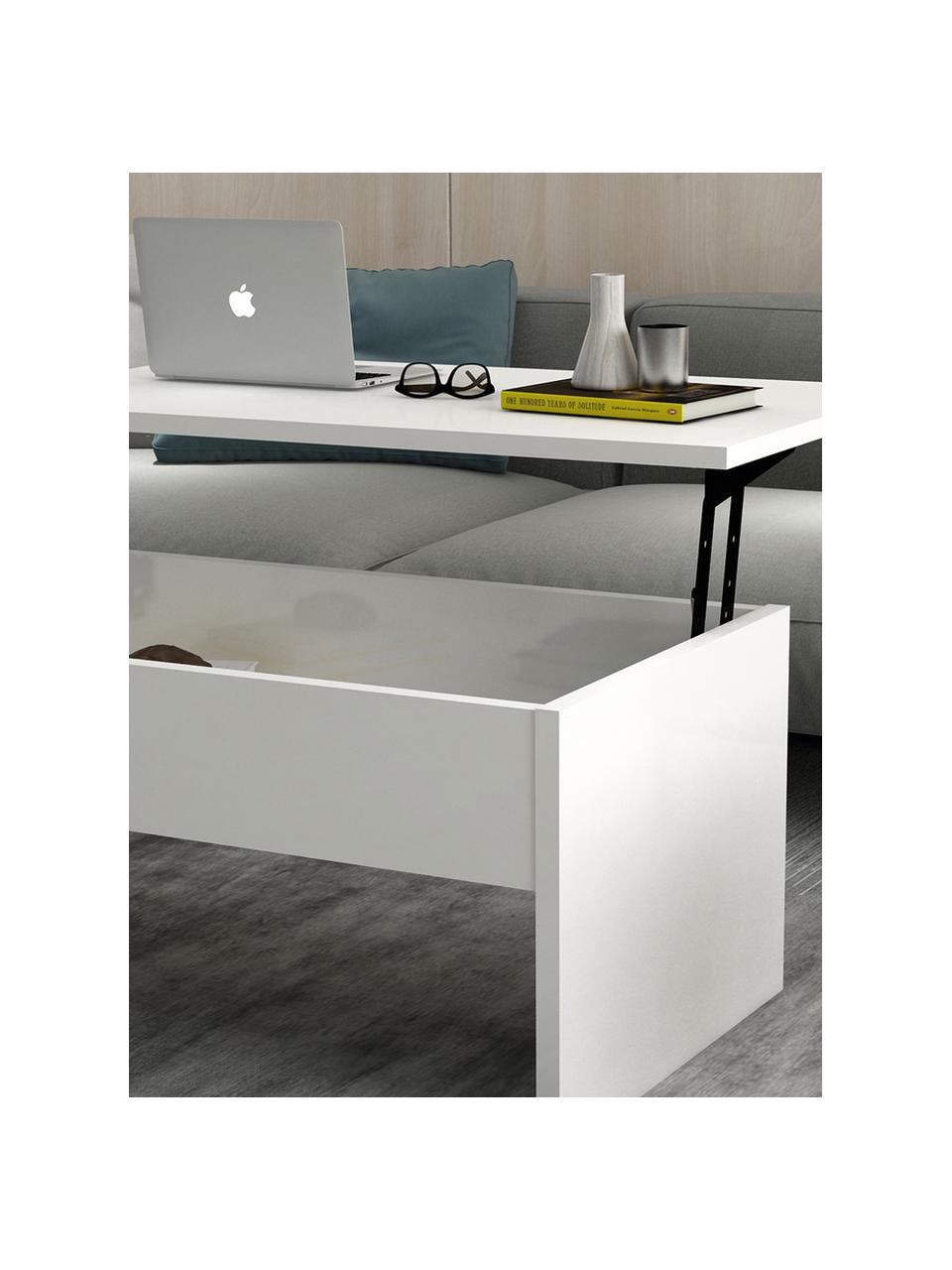 Tavolino da salotto con funzione di sollevamento e contenitore Akilli, Truciolare melaminico, Bianco, Larg. 90 x Alt. 45 cm