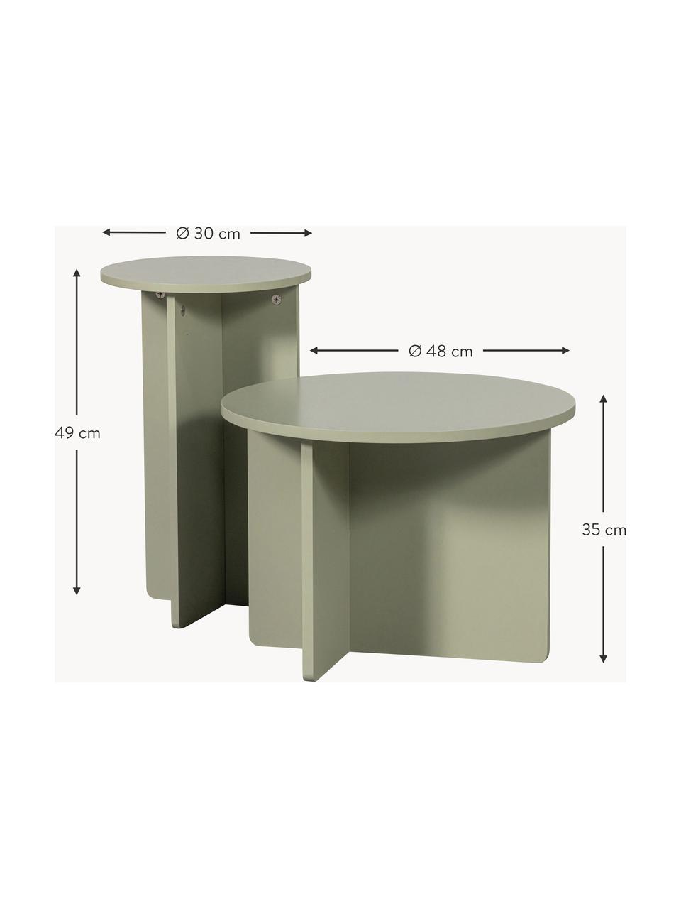 Tables d'appoint rondes en pin Ronny, 2 élém., Bois de pin, Vert olive, Lot de différentes tailles