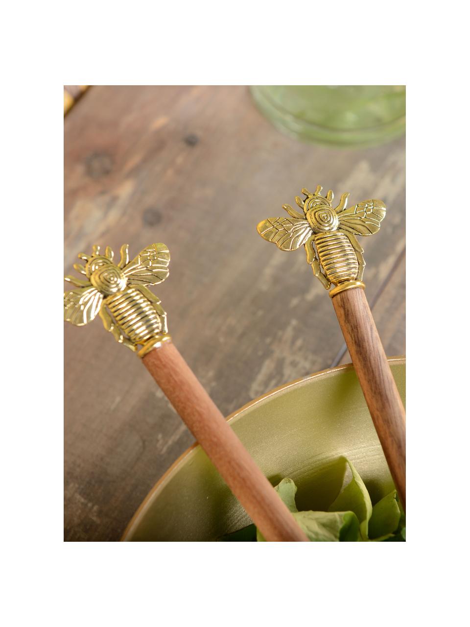 Houten saladebestek Bee met gouden bijen op het handvat, Hout, metaal, Bruin, goudkleurig, L 31 cm