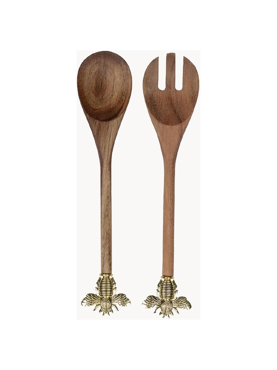 Houten saladebestek Bee met gouden bijen op het handvat, Hout, metaal, Bruin, goudkleurig, L 31 cm