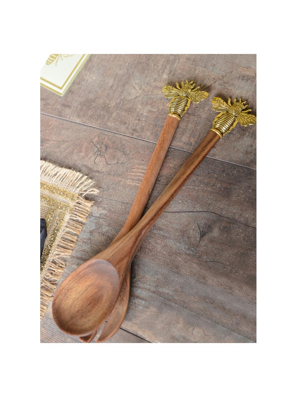 Houten saladebestek Bee, Hout, metaal, Donker hout, goudkleurig, L 31 cm