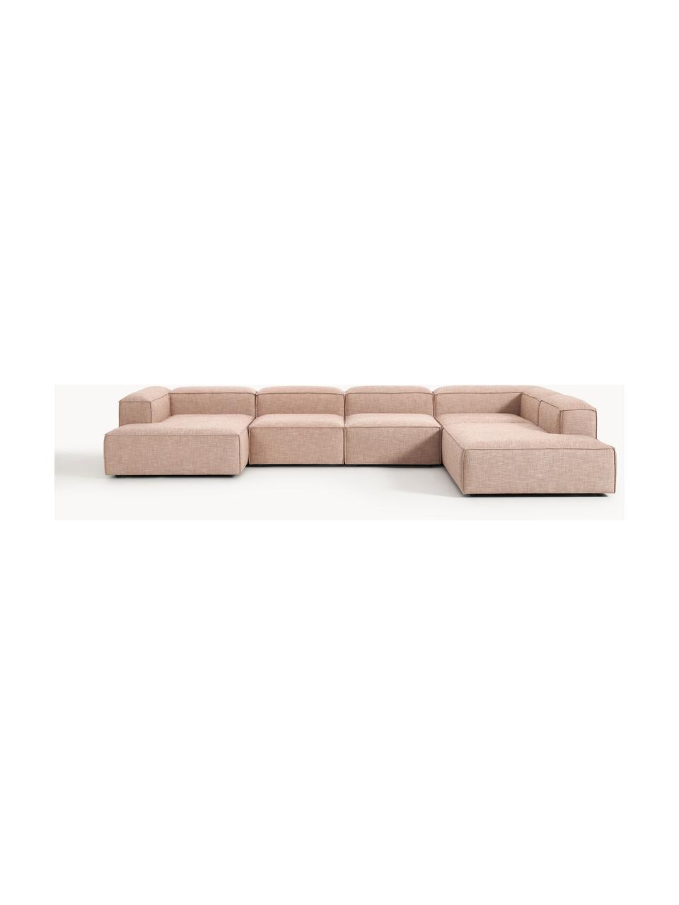 Sofa modułowa z mieszanki lnu Lennon, Tapicerka: 50% wiskoza, 25% len, 15%, Nogi: tworzywo sztuczne Ten pro, Rdzwoczerwona mieszanka lnu, S 418 x G 269 cm, prawostronna