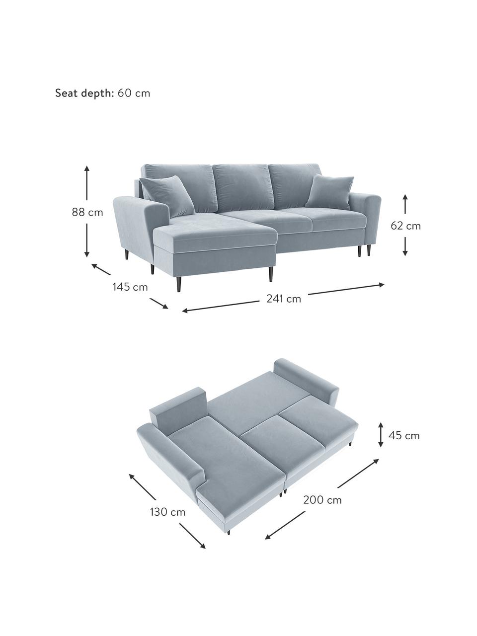 Sofa narożna z funkcją spania z miejscem do przechowywania Moghan (4-osobowa), Tapicerka: aksamit poliestrowy Dzięk, Stelaż: lite drewno sosnowe, skle, Nogi: metal lakierowany, Jasnoniebieski aksamit, czarny, S 241 x G 145 cm, lewostronna