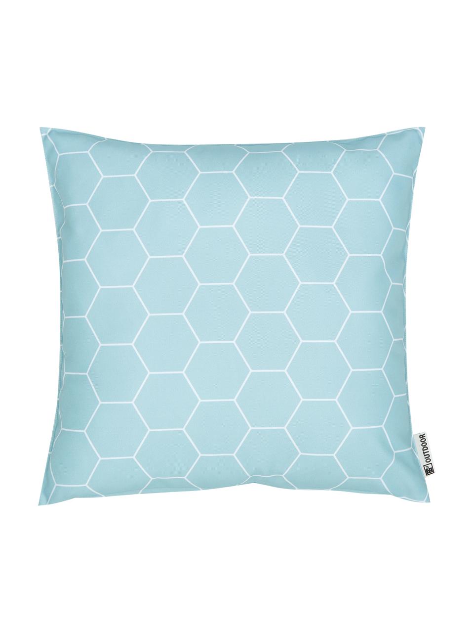 Outdoor kussen met patroon Honeycomb, 100% polyester, Blauw, wit, 47 x 47 cm