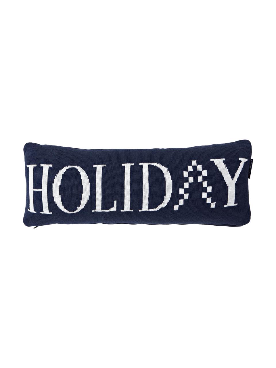 Pletený vankúš s písmom Knitted Holiday, s výplňou, Tmavomodrá, biela