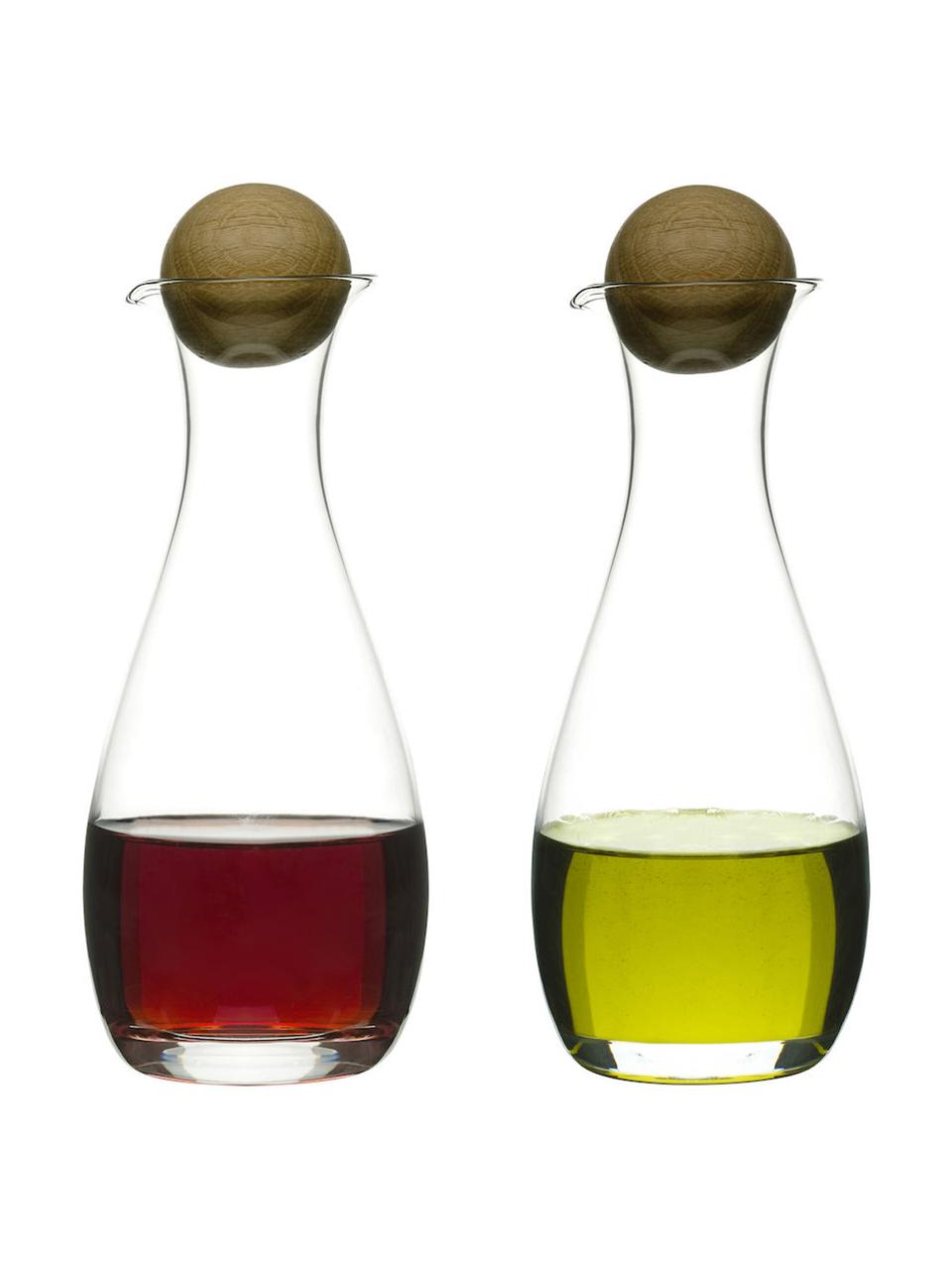 Distributeurs d'huile et de vinaigre en verre soufflés bouche Eden, 2 élém., Transparent, bois de chêne, Ø 8 x haut. 19 cm