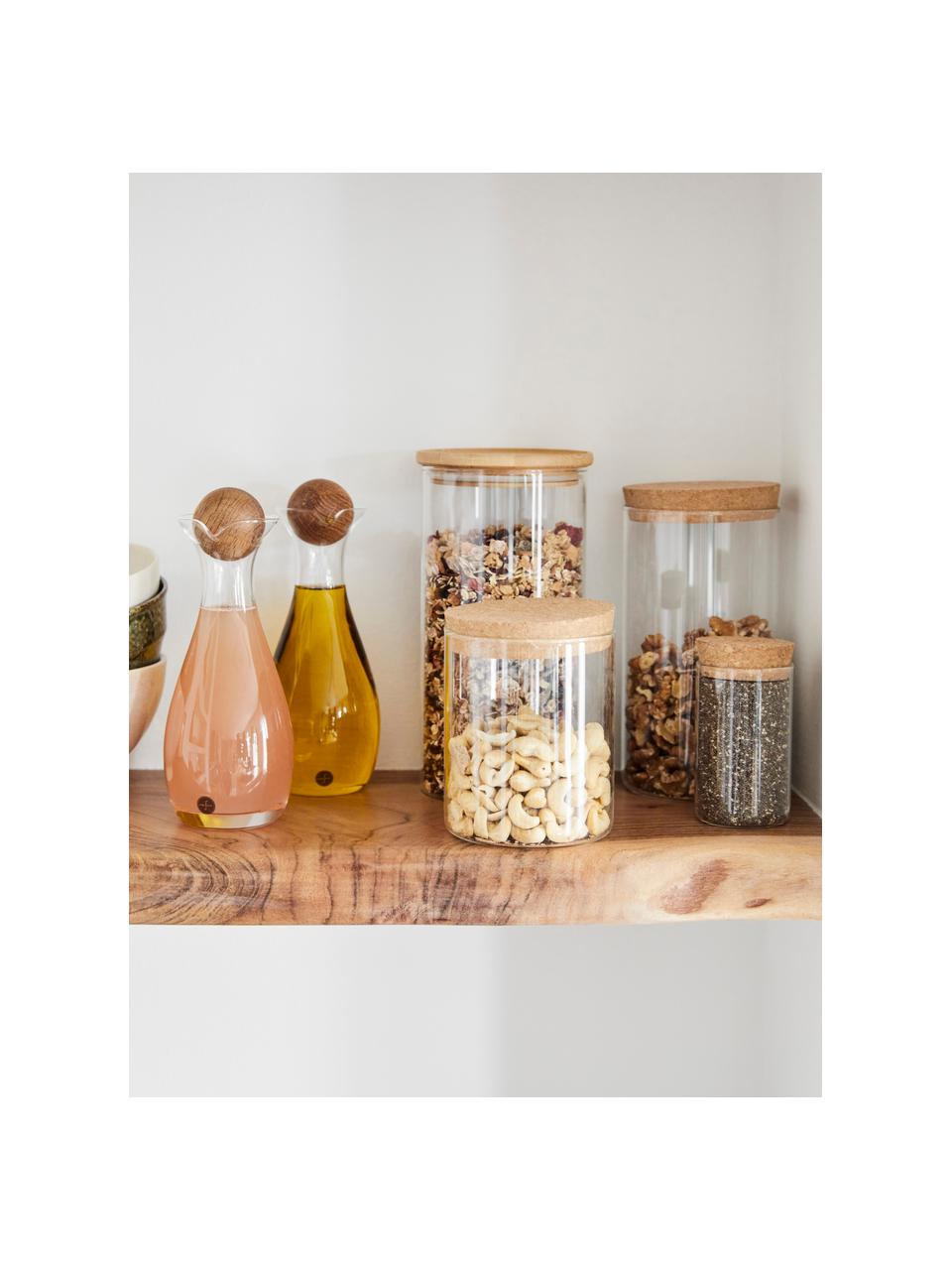 Aceitera y vinagrera de vidrio soplado Eden, Transparente, madera de roble, Ø 8 x Al 19 cm