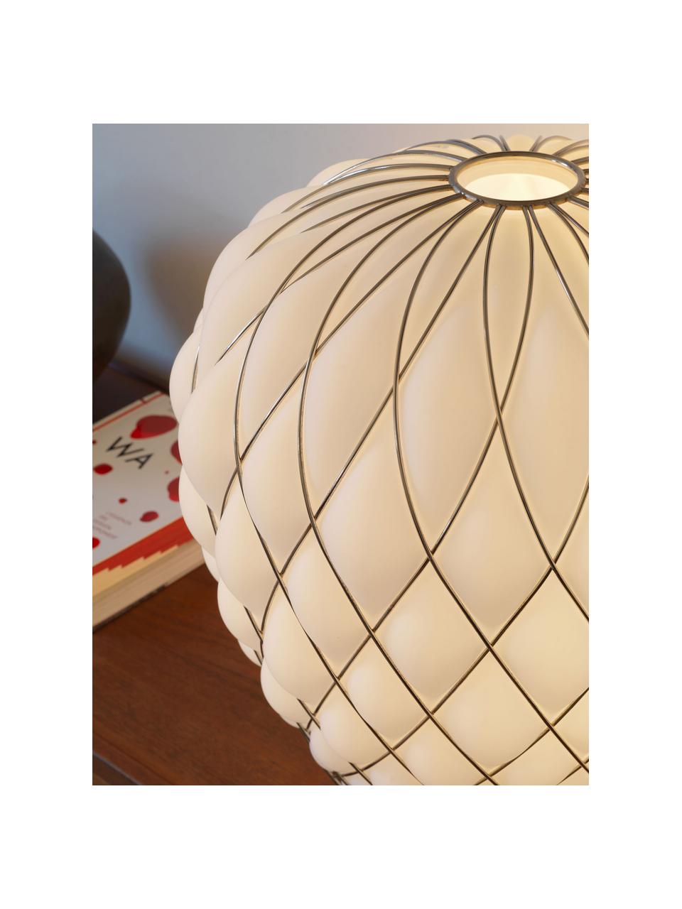 Grote tafellamp Pinecone, handgemaakt, Lampenkap: glas, gegalvaniseerd meta, Wit, zilverkleurig, Ø 50 x H 52 cm