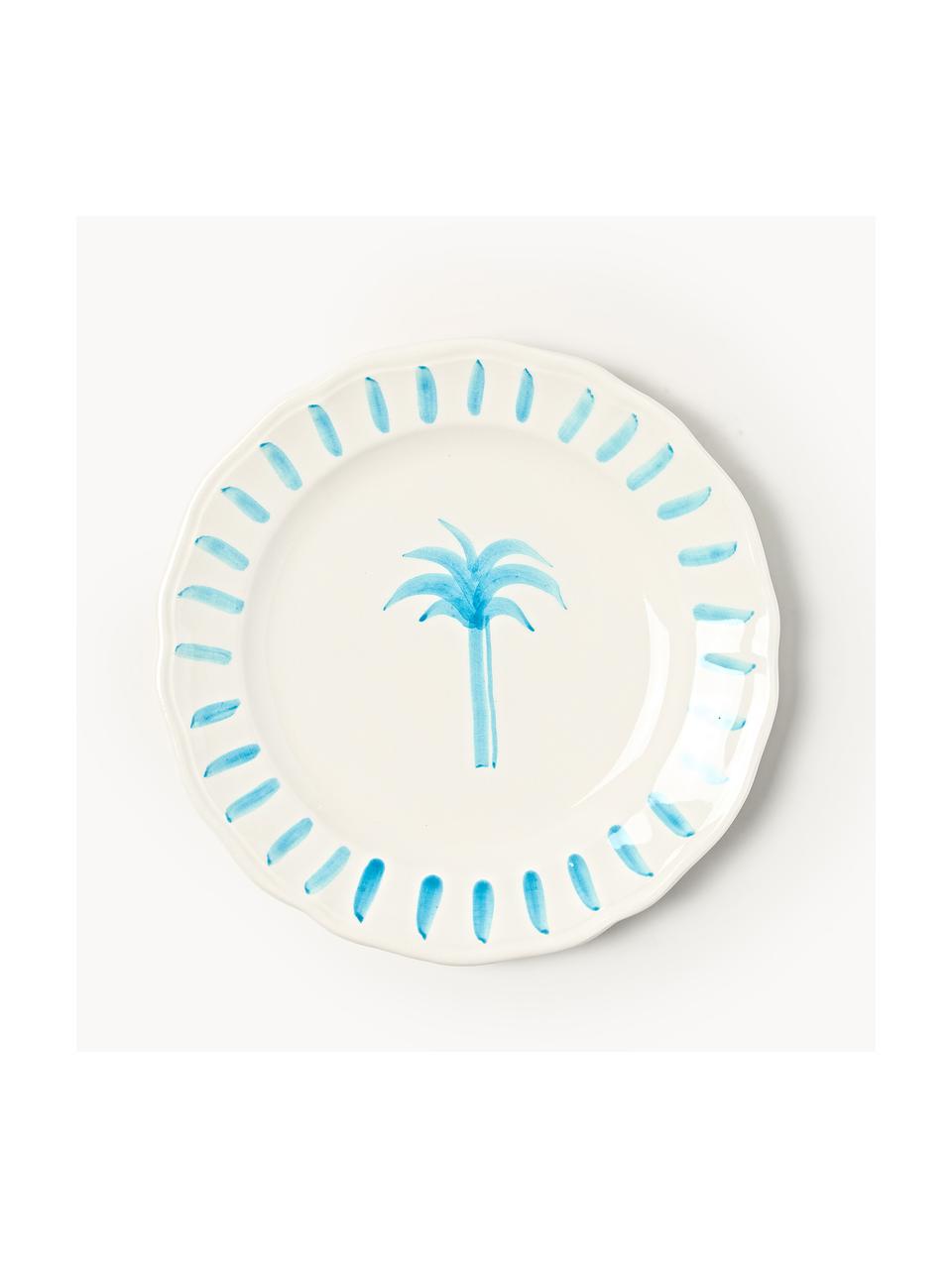 Plato postre pintado a mano The Palms, Cerámica, Blanco, azul, Ø 21 cm