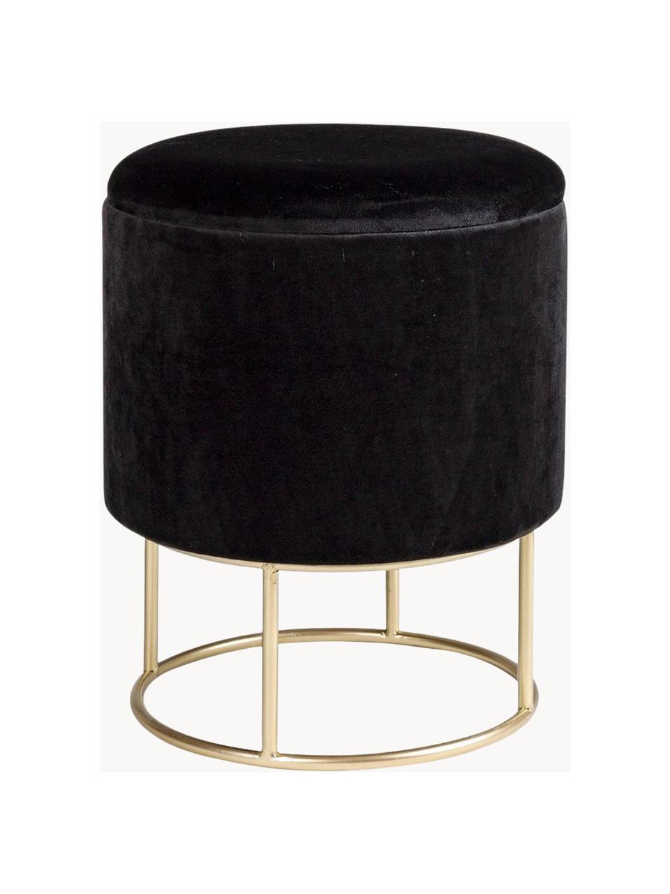 Tabouret en velours avec rangement Polina, Velours noir, Ø 35 x haut. 45 cm