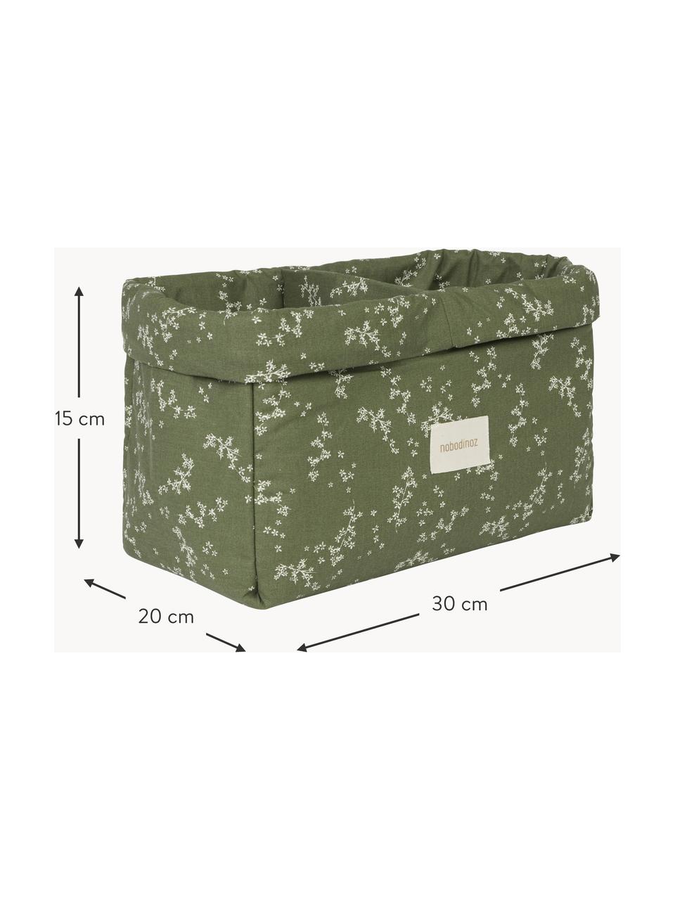 Panier de rangement en coton bio Stories, Vert olive, blanc cassé, motif floral, larg. 30 x prof. 20 cm