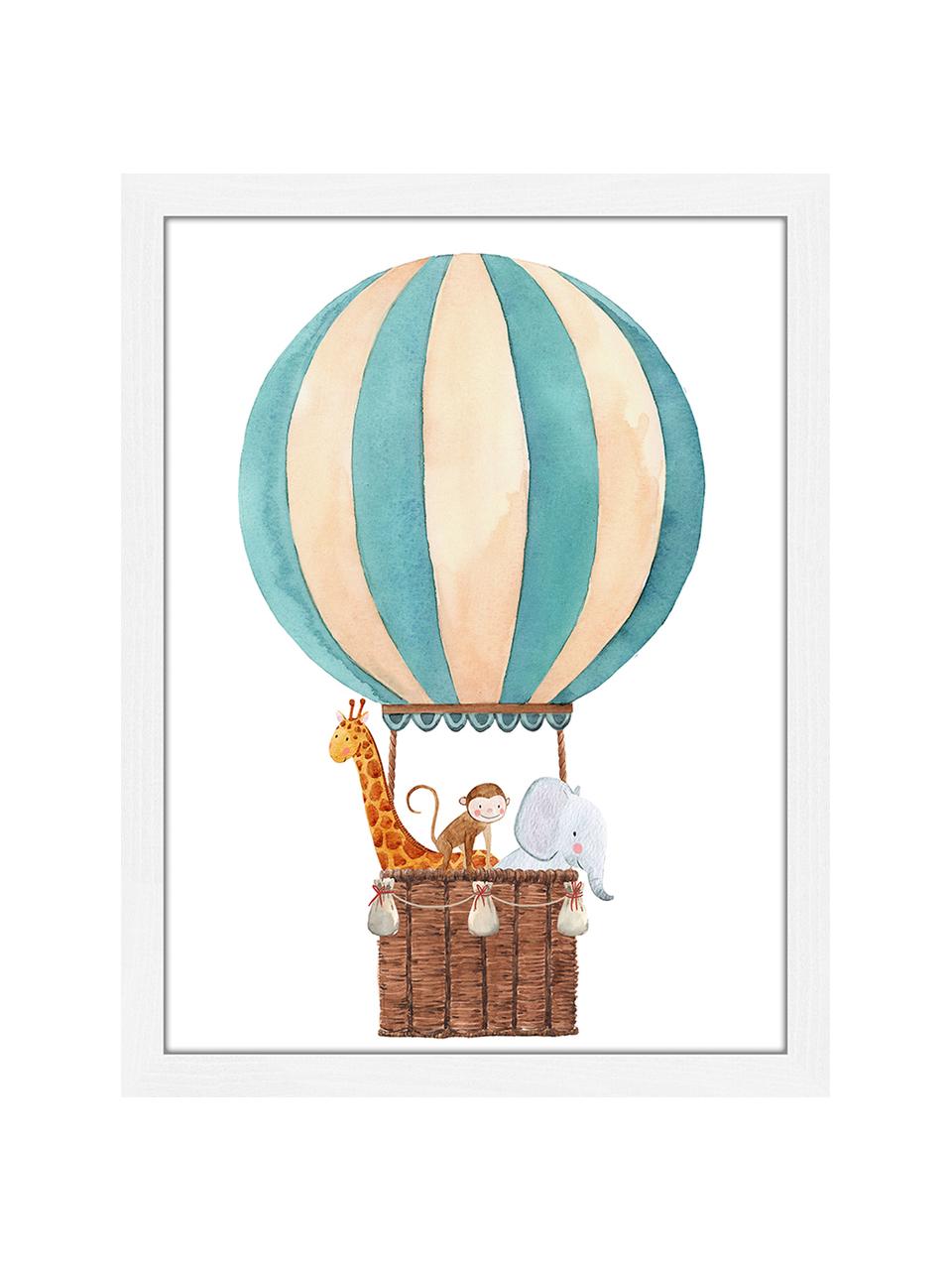 Stampa digitale incorniciata Balloon with Animals, Immagine: stampa digitale su carta,, Cornice: legno verniciato, Bianco, multicolore, Larg. 33 x Alt. 43 cm