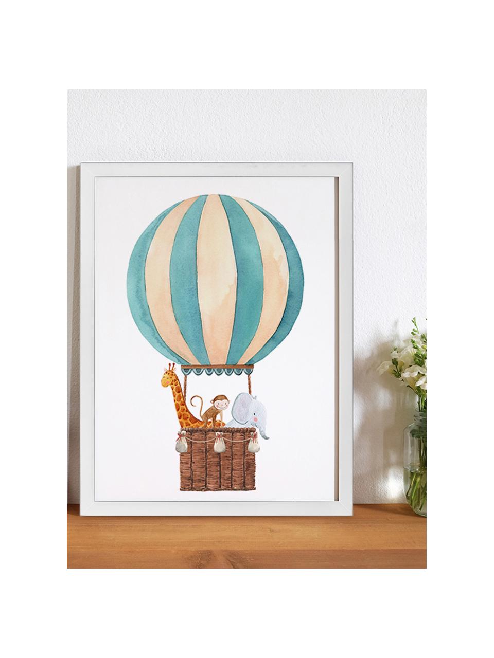 Oprawiony druk cyfrowy Balloon with Animals, Biały, wielobarwny, S 33 x W 43 cm