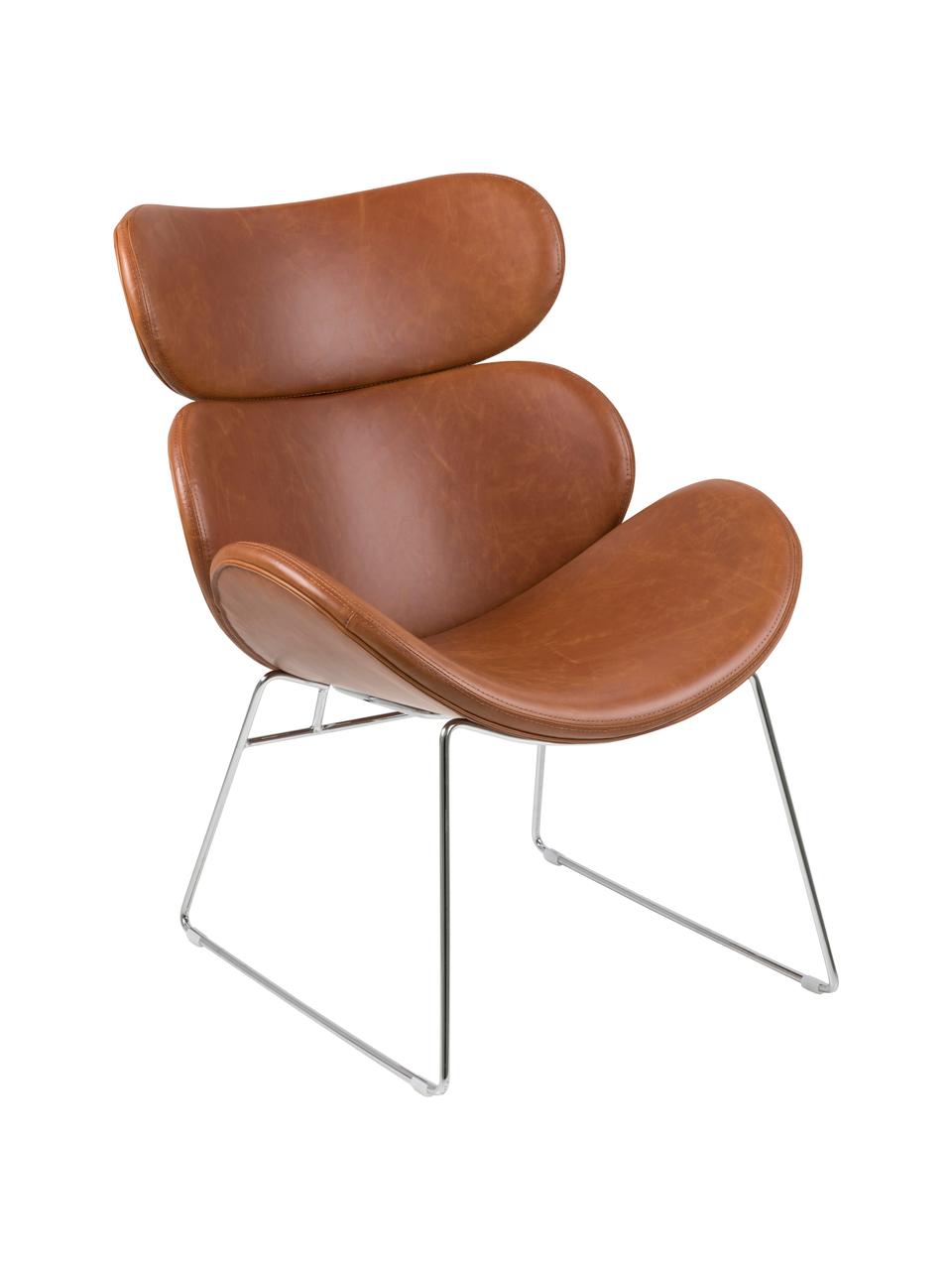 Moderne loungefauteuil Cazar van kunstleer, Bekleding: kunstleer (polyurethaan), Frame: verchroomd metaal, Cognackleurig, chroomkleurig, B 69 x D 79 cm