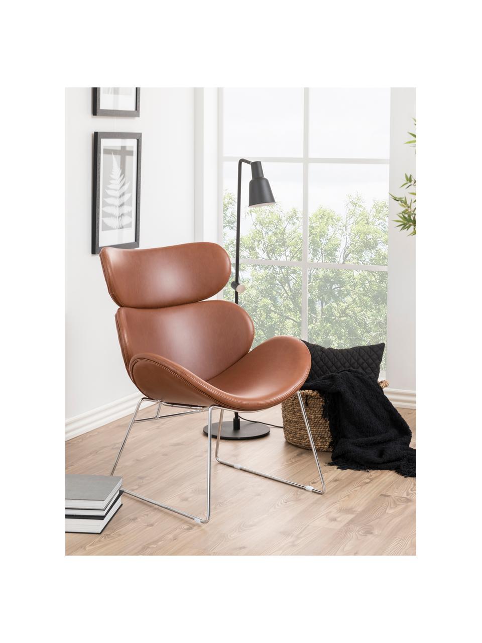 Fauteuil lounge moderne, en cuir synthétique Cazar, Cognac, chrome