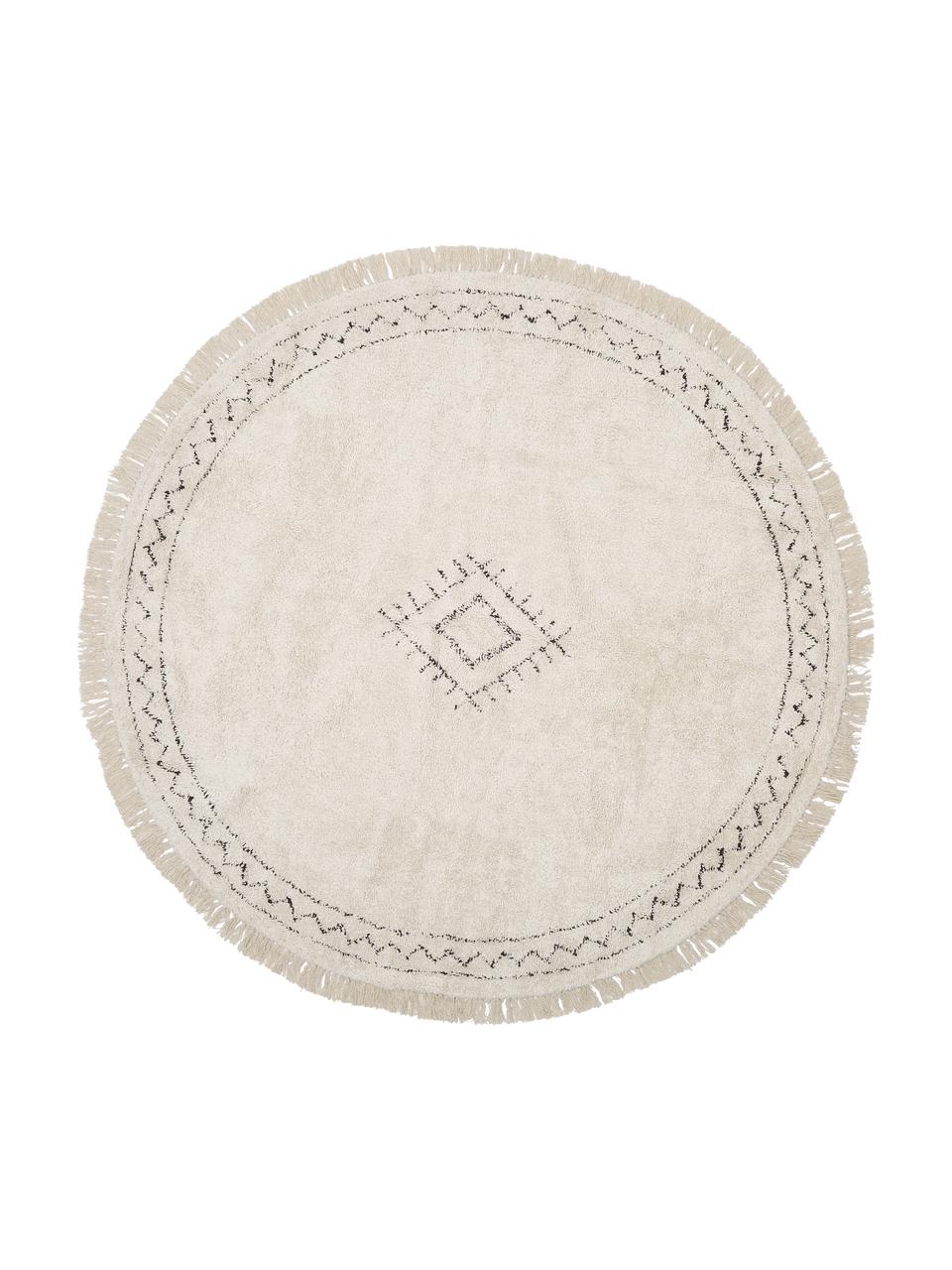 Okrągły ręcznie tuftowany dywan z bawełny w stylu boho z frędzlami Fionn, 100% bawełna, Beżowy, czarny, Ø 150 cm (Rozmiar M)