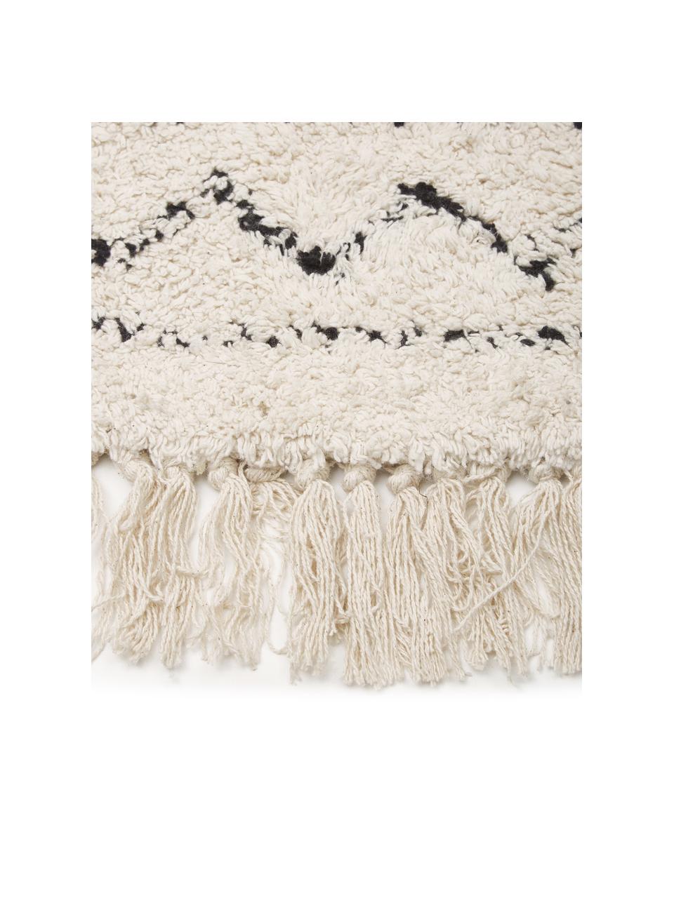 Alfombra redonda artesanal de algodón con flecos Flonn, estilo boho, 100% algodón, Beige, negro, Ø 150 cm (Tamaño M)