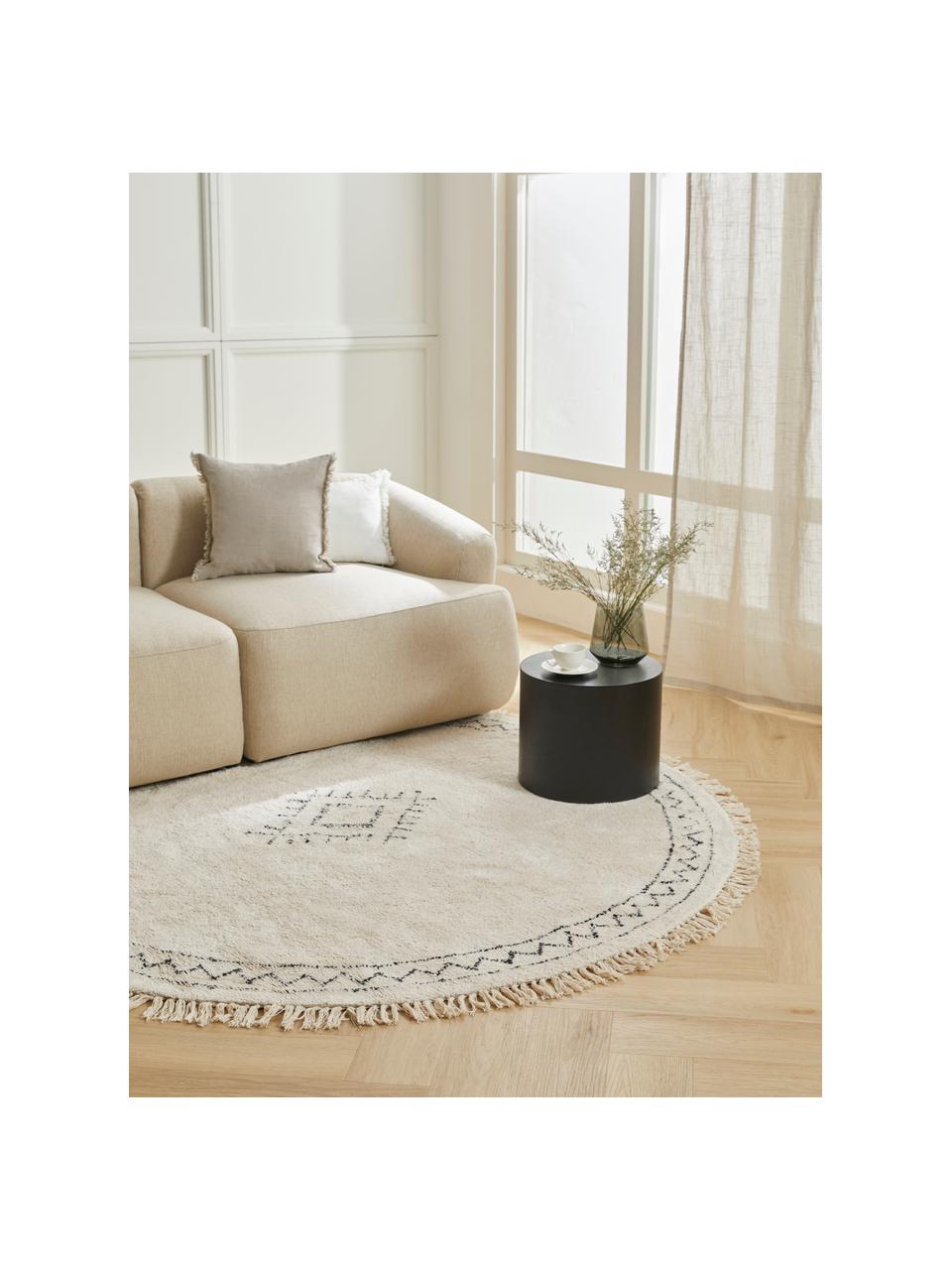 Tapis rond à franges tufté main Fionn, 100 % coton, Beige clair, noir, Ø 150 cm (taille M)