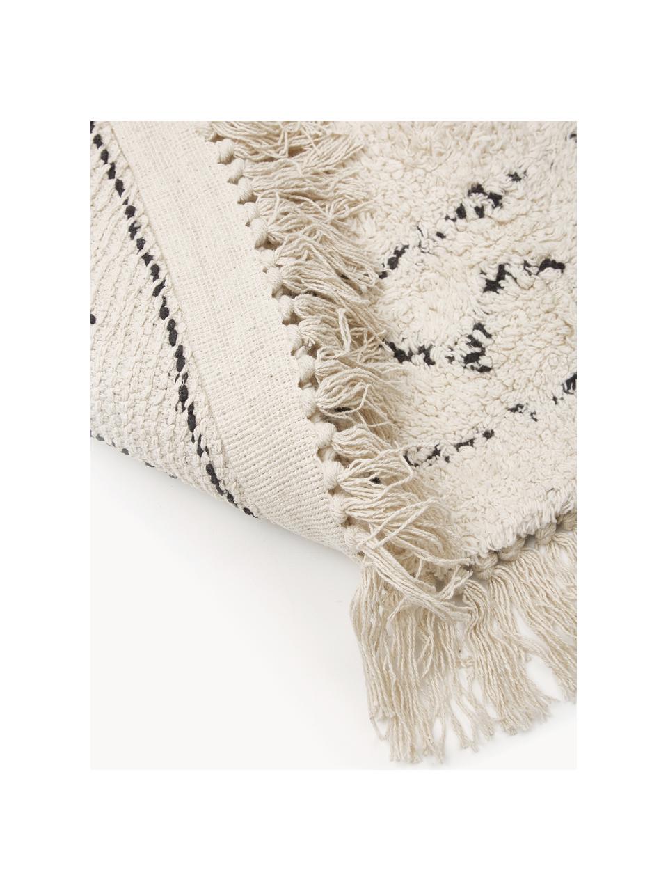 Ručne tkaný okrúhly bavlnený koberec so strapcami Fionn, Svetlobéžová, čierna, Ø 150 cm (veľkosť M)