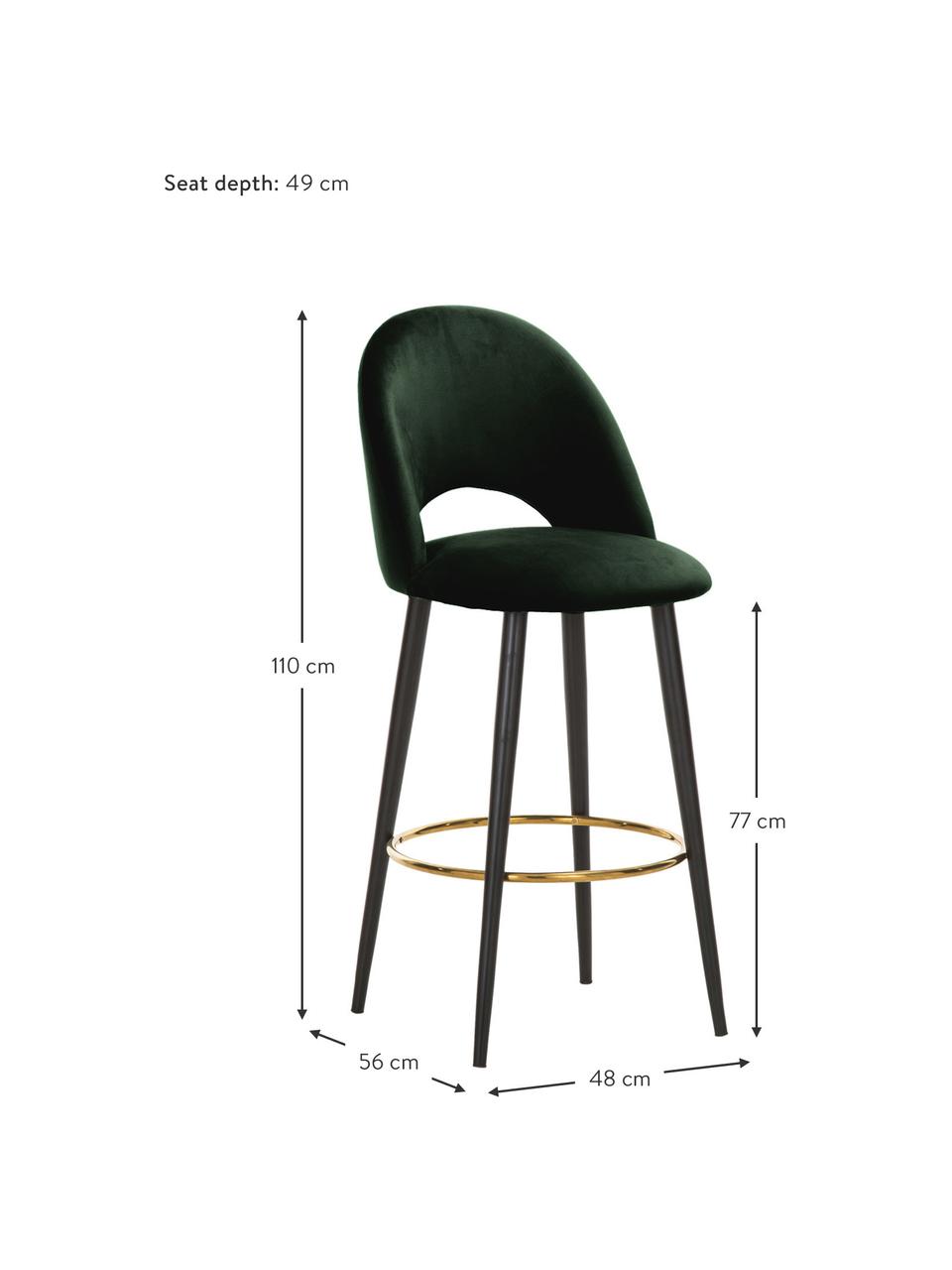 Taburete alto de terciopelo Rachel, Tapizado: terciopelo (poliéster) Al, Patas: metal con pintura en polv, Terciopelo verde oscuro, An 48 x Al 110 cm