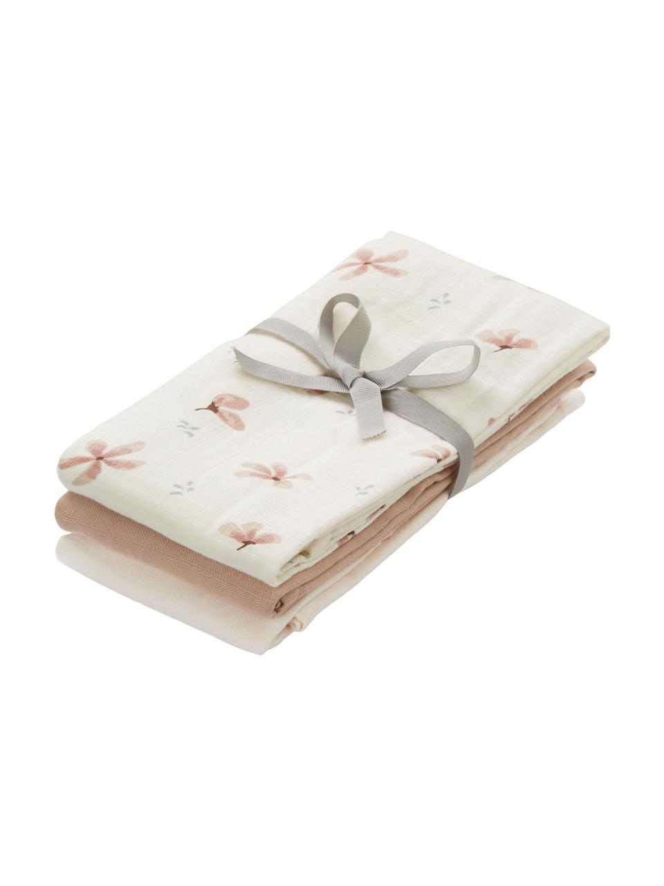 Set de pañales de tela de muselina Wildflower, 3 uds., 100% algodón ecológico con certificado GOTS, Crema y rosa estampado, An 70 x L 70 cm