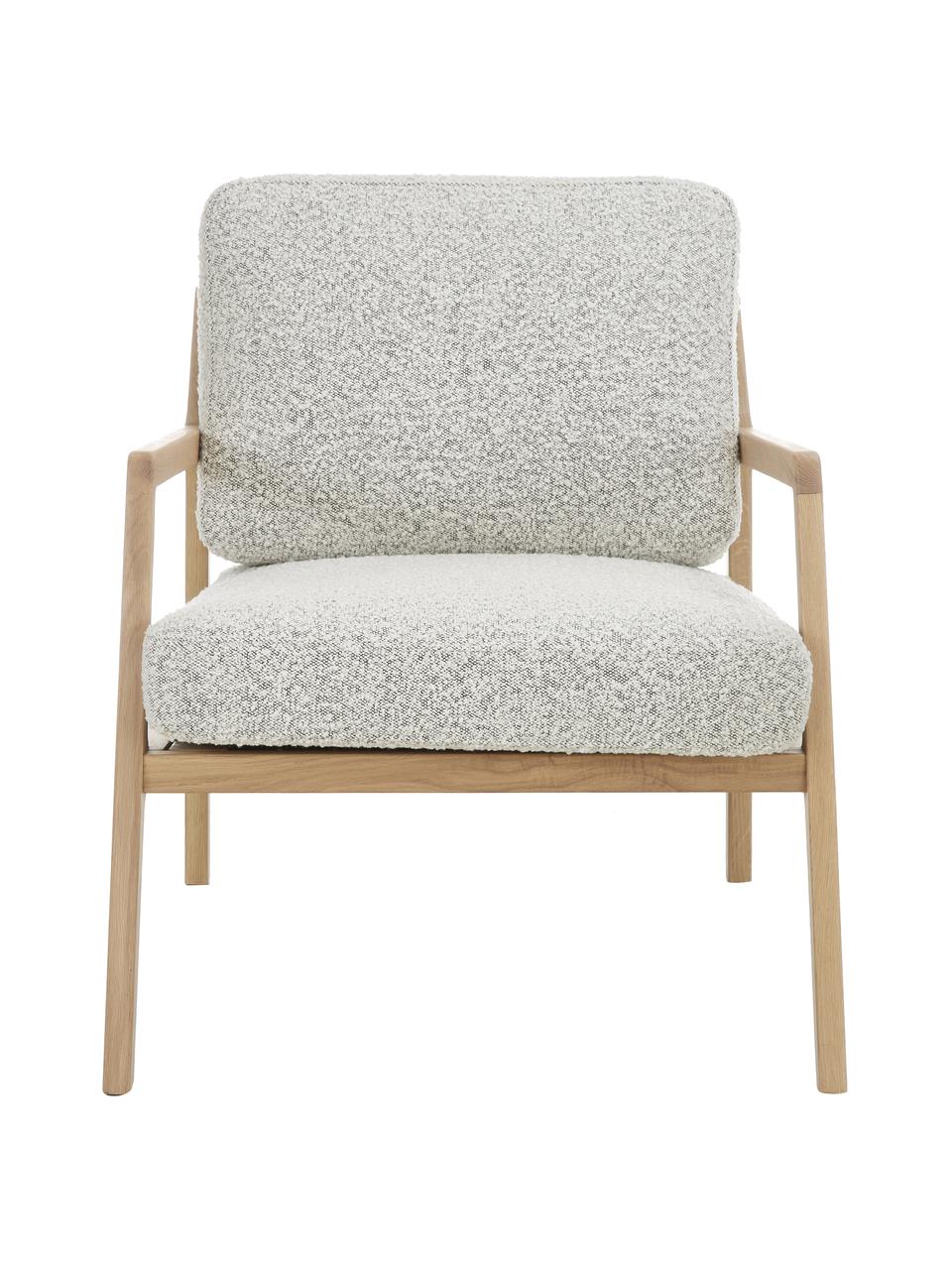 Fauteuil Becky van eikenhout, Bekleding: 54% polyester, 46% acryl, Frame: massief eikenhout, Bouclé zwart wit, zwart, B 73 x H 71 cm