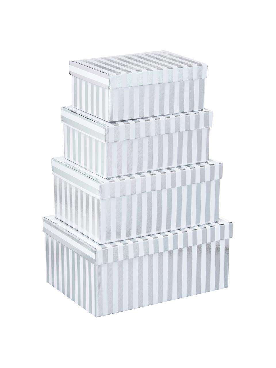 Geschenkdozenset Stripes, 4-delig, Karton, Wit, zilverkleurig, Set met verschillende formaten