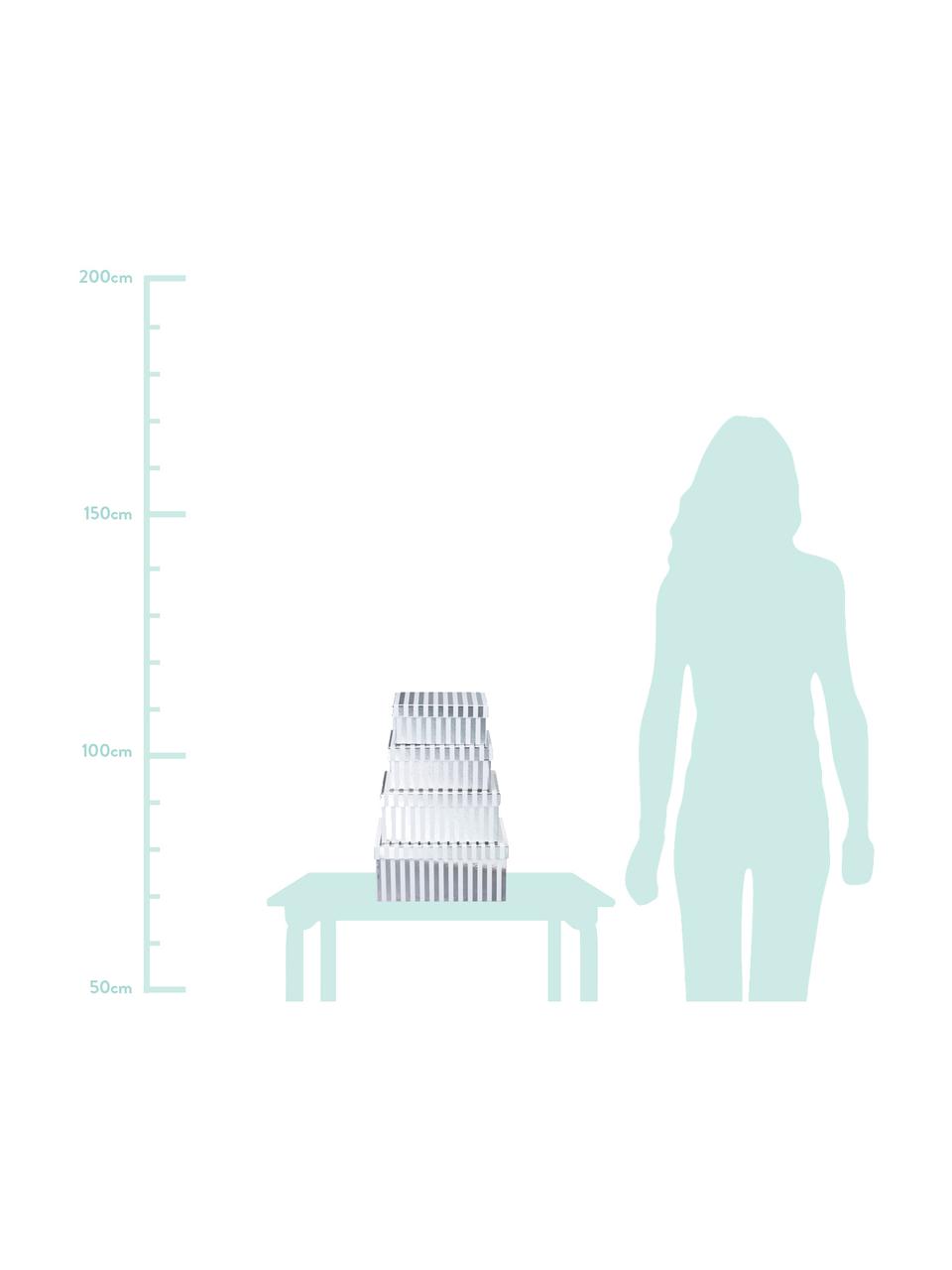 Komplet pudełek prezentowych Stripes, 4 elem., Tektura, Biały, odcienie srebrnego, Komplet z różnymi rozmiarami
