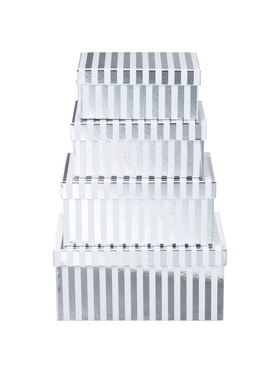 Set de cajas regalo Stripes, 4 pzas., Cartón, Blanco, plateado, Set de diferentes tamaños