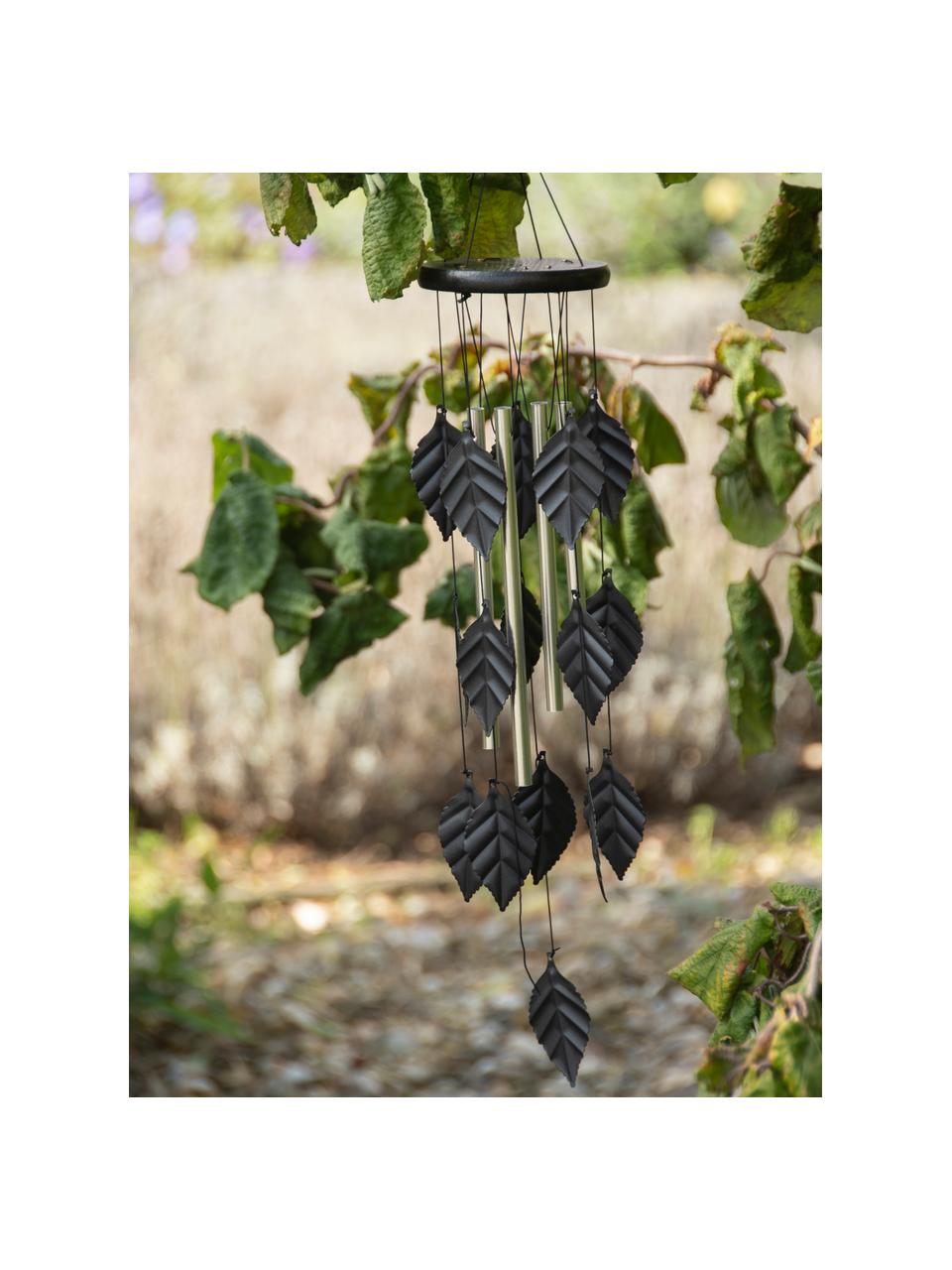 Grand carillon à vent Leaves, Aluminium, métal, bois, Noir, Ø 11 x haut. 65 cm