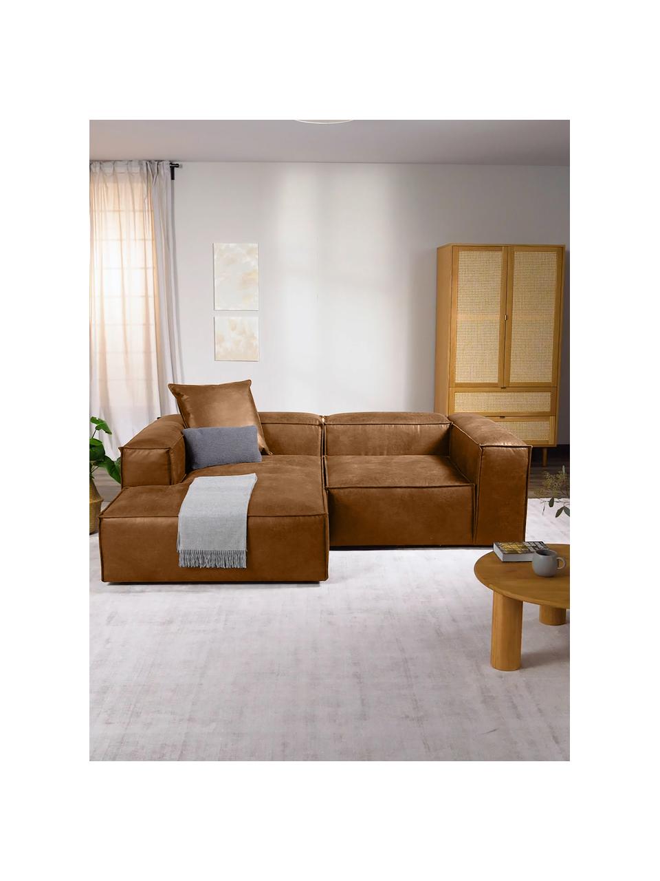 Chaise longue hoekmodule Lennon van gerecycled leer, Bekleding: gerecycled leer (70% leer, Frame: massief hout, multiplex, Poten: kunststof, Leer bruin, B 119 x D 180 cm, hoekdeel links