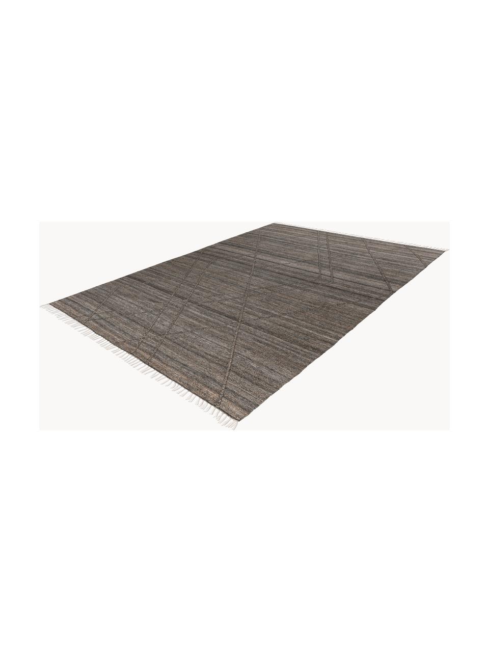 Handgeweven In- & outdoor vloerkleed Dakar met franjes en hoog-laag effect, 100% polyethyleen, Antraciet, B 80 x L 150 cm (maat XS)