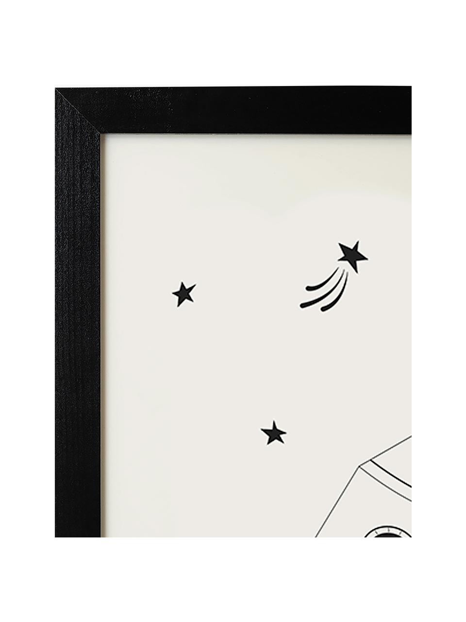Ingelijste digitale print Into The Space, handgemaakt, Lijst: beukenhout FSC-gecertific, Zwart, wit, B 33 x H 43 cm