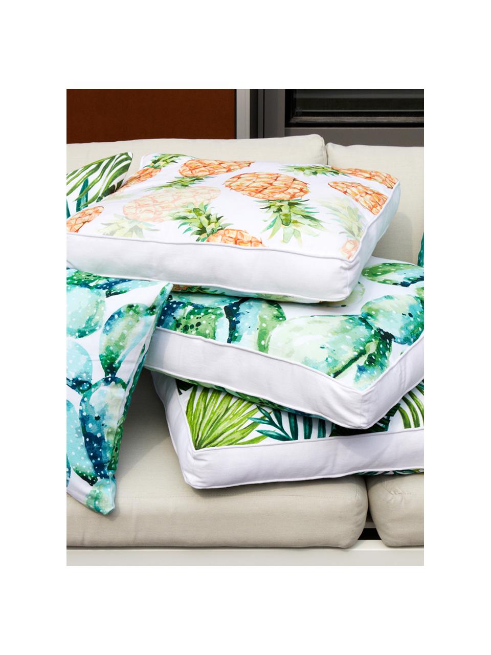 Coussin de chaise imprimé feuilles Jonna, Vert, blanc crème