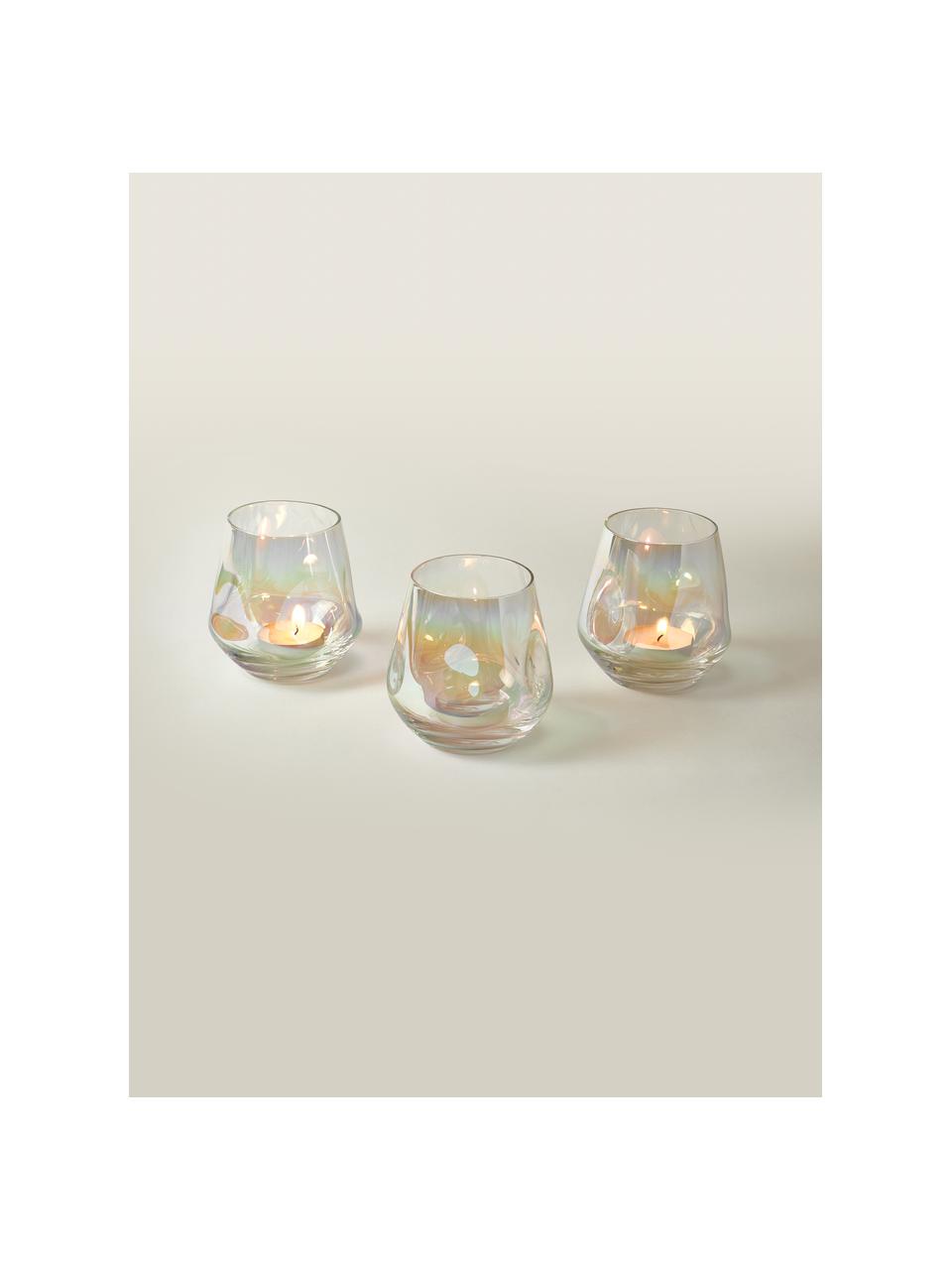 Handgefertigte Teelichthalter Rainbow, 3er-Set, Glas, Transparent, irisierend, Ø 9 x H 9 cm