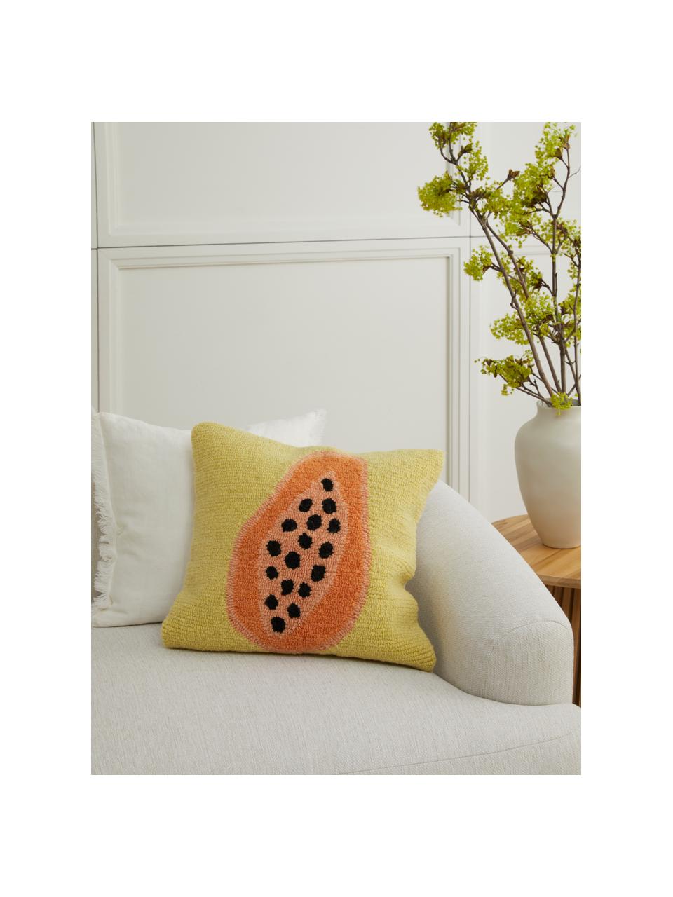 Kissenhülle Ratna mit Papaya-Motiv, Vorderseite: 80% Wolle, 20% Baumwolle, Rückseite: 100% Baumwolle, Mehrfarbig, B 45 x L 45 cm