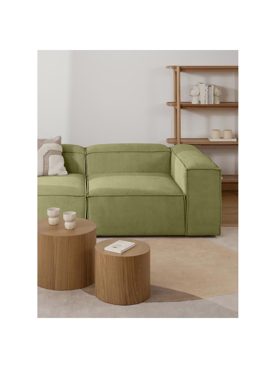 Modulo angolare in velluto a coste Lennon, Rivestimento: velluto a coste (92% poli, Struttura: legno di pino massiccio, , Piedini: plastica, Velluto a coste verde oliva, Larg. 119 x Prof. 119 cm, angolo a sinistra