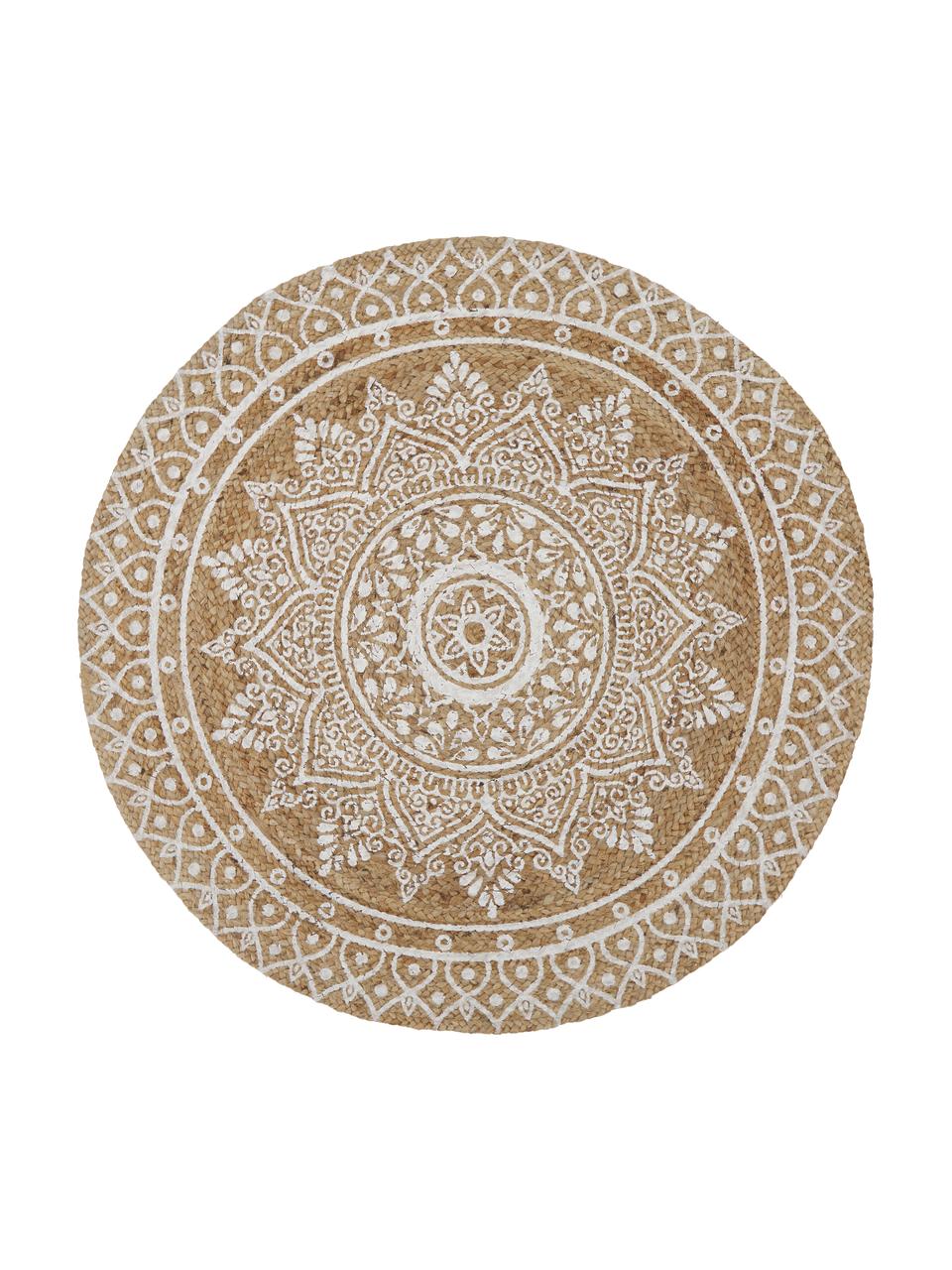 Tapis rond jute Dahlia, 100 % jute, Beige, blanc, Ø 200 cm (taille L)