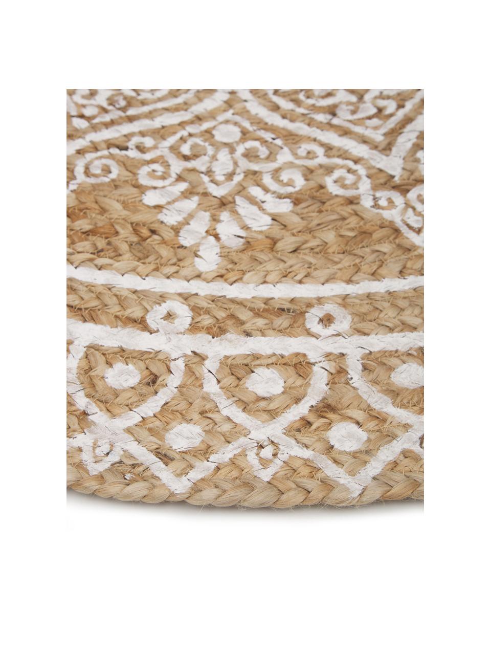 Tapis rond jute Dahlia, 100 % jute, Beige, blanc, Ø 200 cm (taille L)