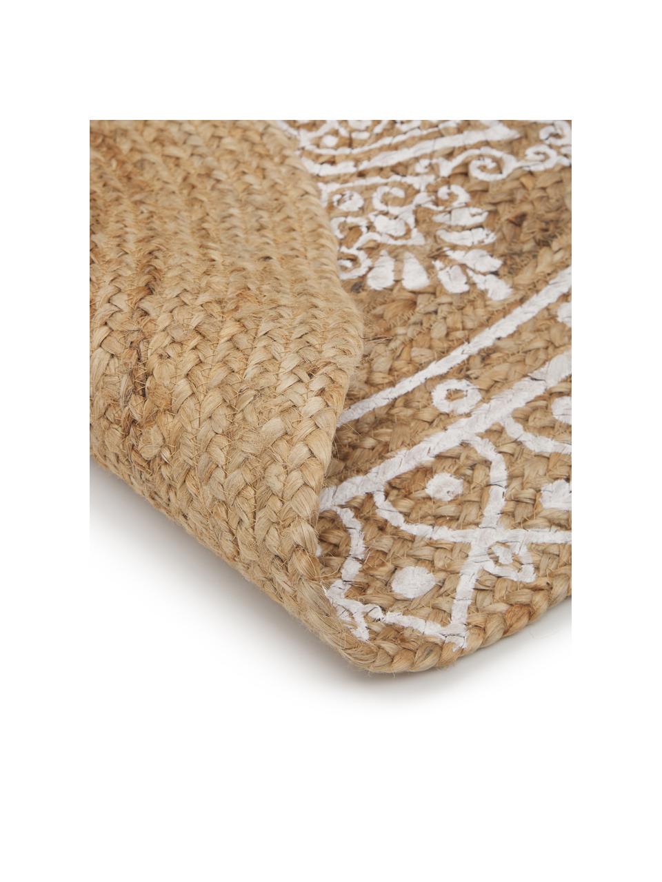 Handgemaakte jute vloerkleed Dahlia, Jutekleurig, Beige, wit, Ø 200 cm (maat L)