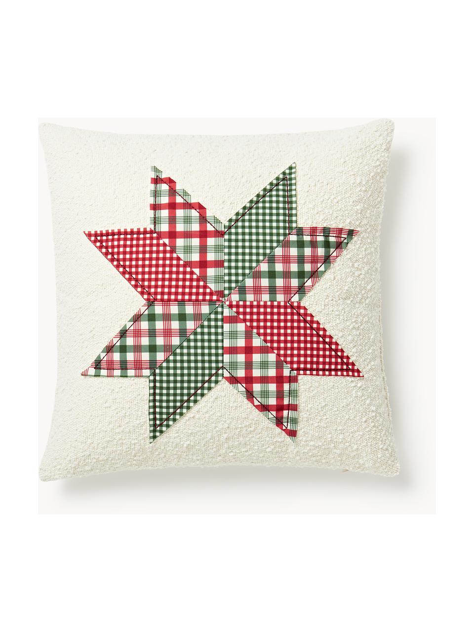 Housse de coussin avec ornements Lance, 90 % polyester, 10 % acrylique, Blanc cassé avec motif d'étoiles vert foncé et rouge, larg. 50 x long. 50 cm